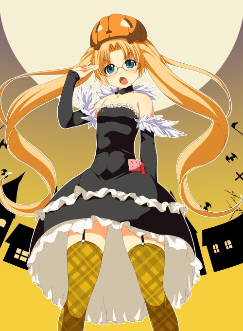 1girl atelier-moo bare_shoulders blonde_hair breasts collar collarbone detached_sleeves dress full_body glasses green_eyes halloween halloween_costume long_hair machida_madoka machidake moon open_mouth pumpkin salute skirt small_breasts solo thighhighs thighs twintails very_long_hair zettai_ryouiki