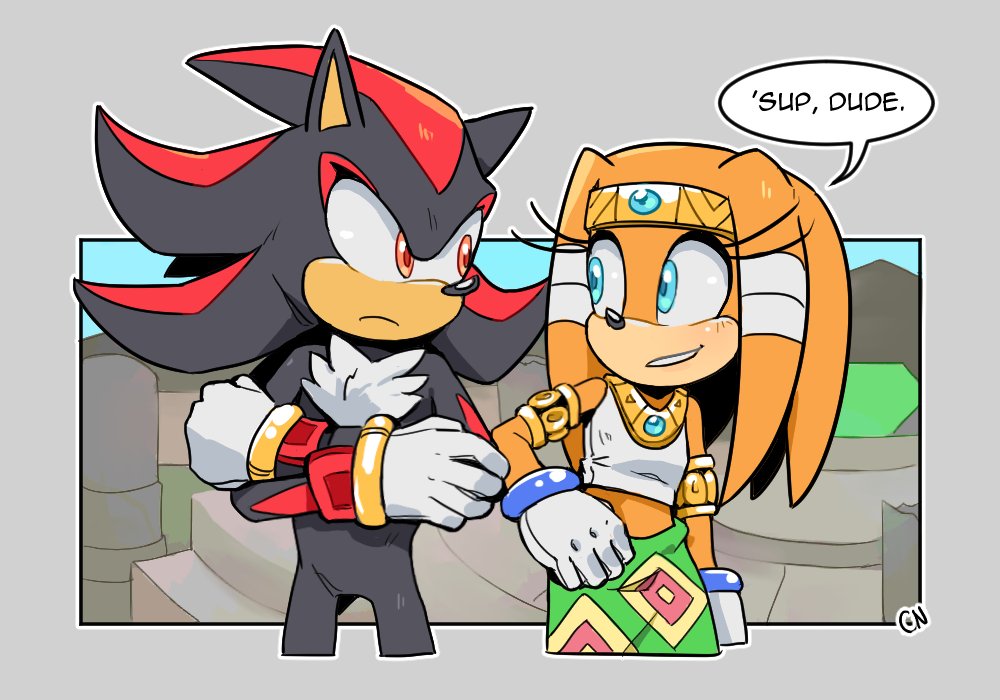 1boy 1girl armlet blue_eyes crossed_arms cylent_nite furry furry_female furry_male gloves grey_background looking_at_another master_emerald midriff outline red_eyes shadow_the_hedgehog signature sonic_(series) sonic_adventure tikal_the_echidna white_fur white_gloves white_outline