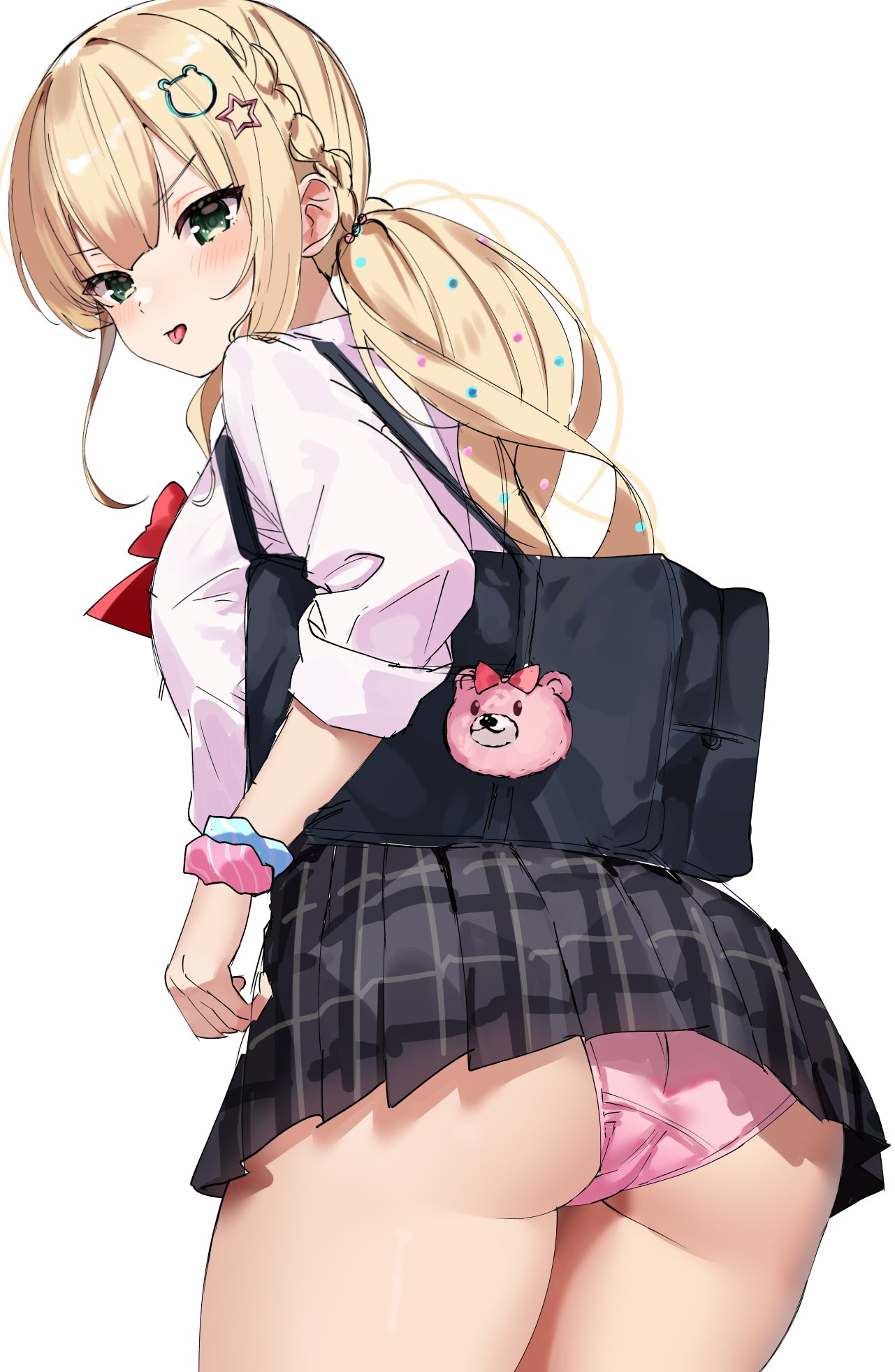 1girl :p annoyed arms_at_sides ass ass_focus bag bear_hair_ornament black_skirt blonde_hair blush bow bowtie braid closed_mouth collared_shirt cowboy_shot dosukoi_humitarou from_behind green_eyes gyaru hair_ornament highres leaning_forward legs_together long_hair long_sleeves low_ponytail miniskirt original panties pink_panties plaid plaid_skirt pleated_skirt red_bow red_bowtie school_bag school_uniform scrunchie shirt sidelocks simple_background skirt sleeves_rolled_up solo star_(symbol) star_hair_ornament thick_thighs thighs tongue tongue_out underwear white_background white_shirt wrist_scrunchie