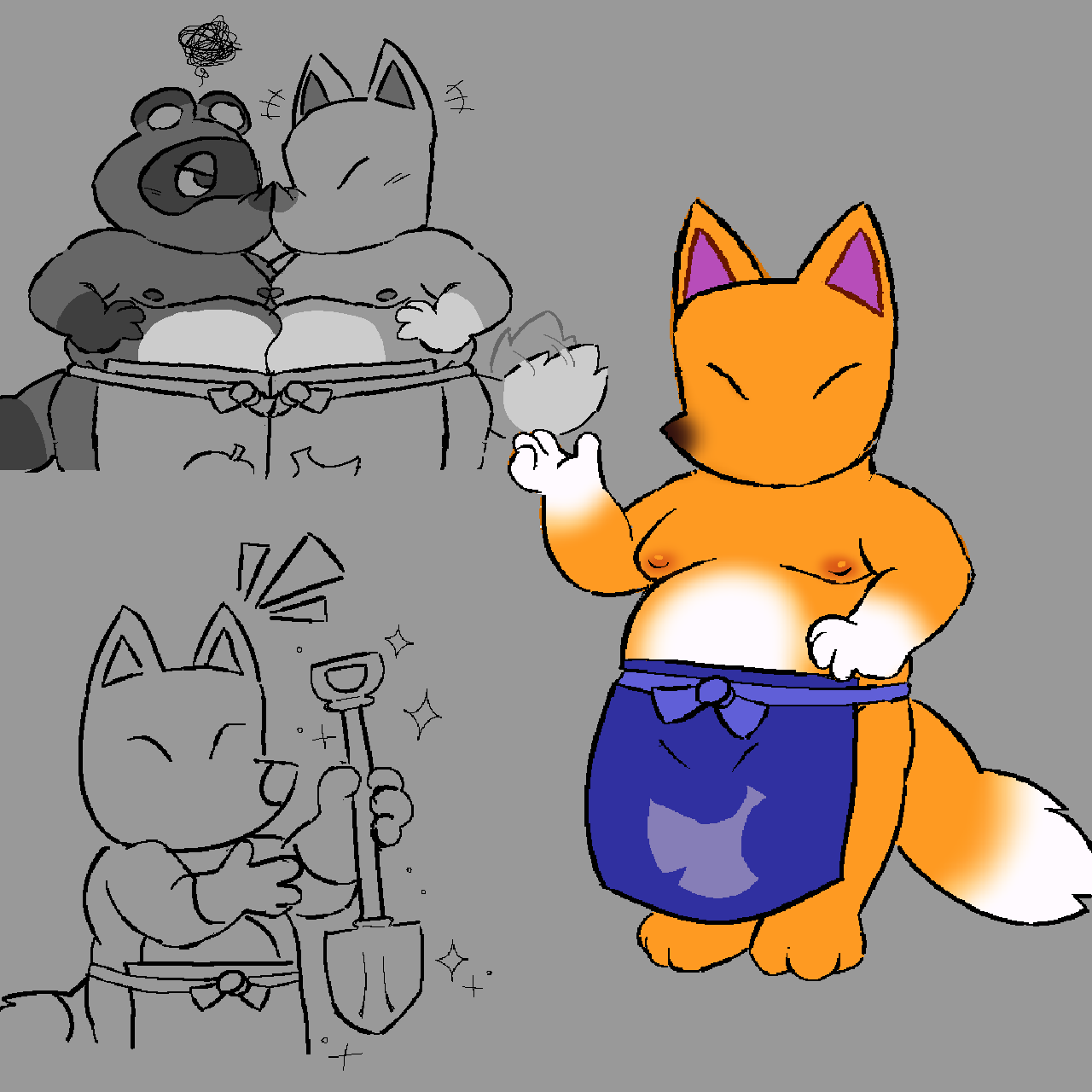 angry animal_crossing anthro apron belly belly_to_belly canid canine clothing crazy_redd duo fox fur hi_res male mammal moobs nintendo nipples orange_body orange_fur overweight raccoon_dog tanuki tom_nook_(animal_crossing) tri_slosher