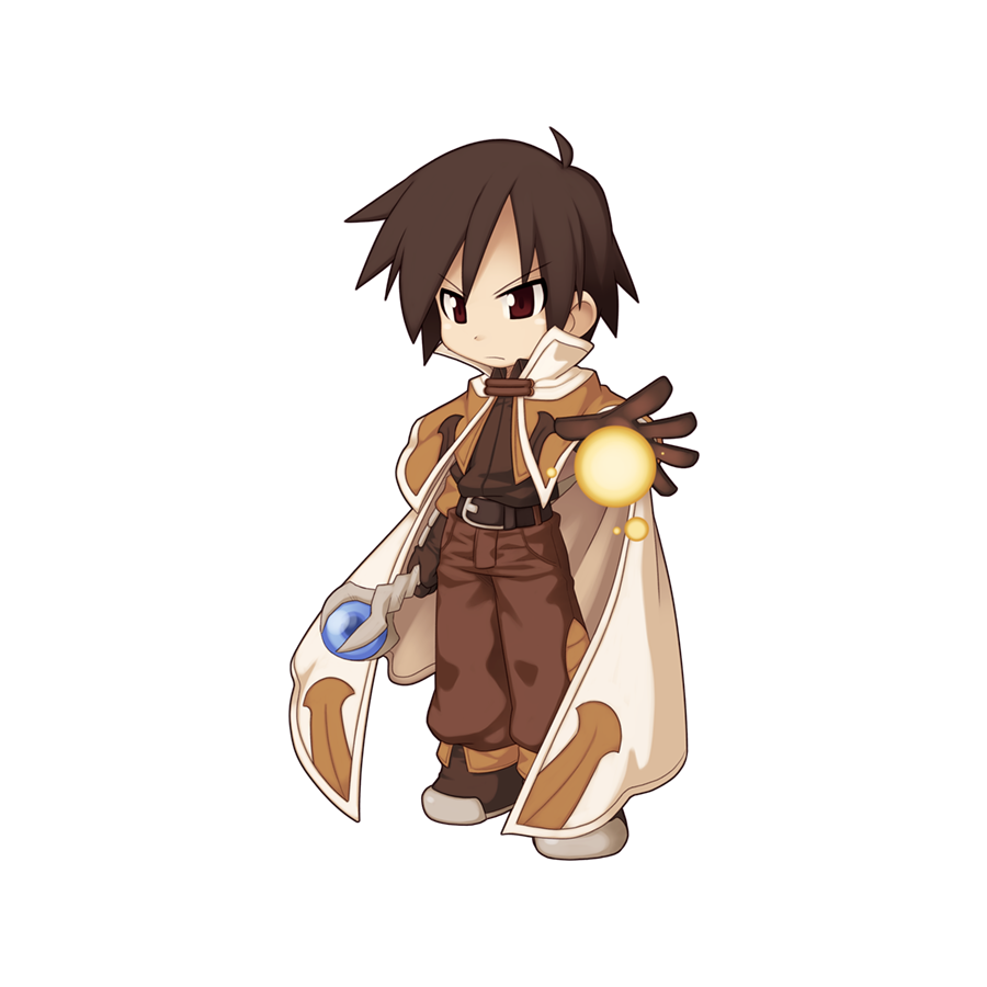 1boy ahoge belt brown_belt brown_capelet brown_eyes brown_footwear brown_gloves brown_hair brown_pants brown_shirt cape capelet chibi closed_mouth frown full_body gloves hair_between_eyes holding holding_staff looking_at_viewer mage_(ragnarok_online) male_focus medium_bangs official_art pants ragnarok_online shirt shoes short_hair simple_background solo staff standing tachi-e transparent_background v-shaped_eyebrows white_cape yuichirou