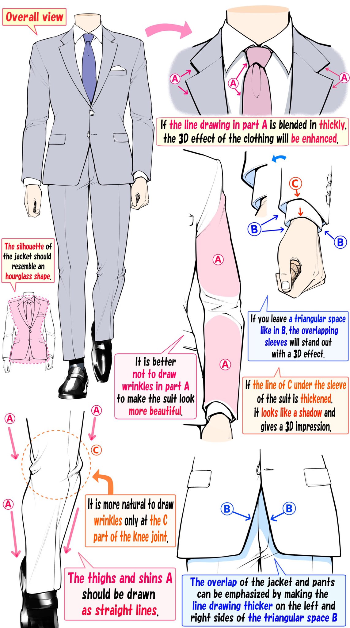 1boy black_footwear blue_necktie collarbone commentary english_commentary english_text grey_pants guide highres how_to long_sleeves male_focus multiple_views necktie original pants shirt simple_background speech_bubble vest white_background white_shirt yoshimura_takuya