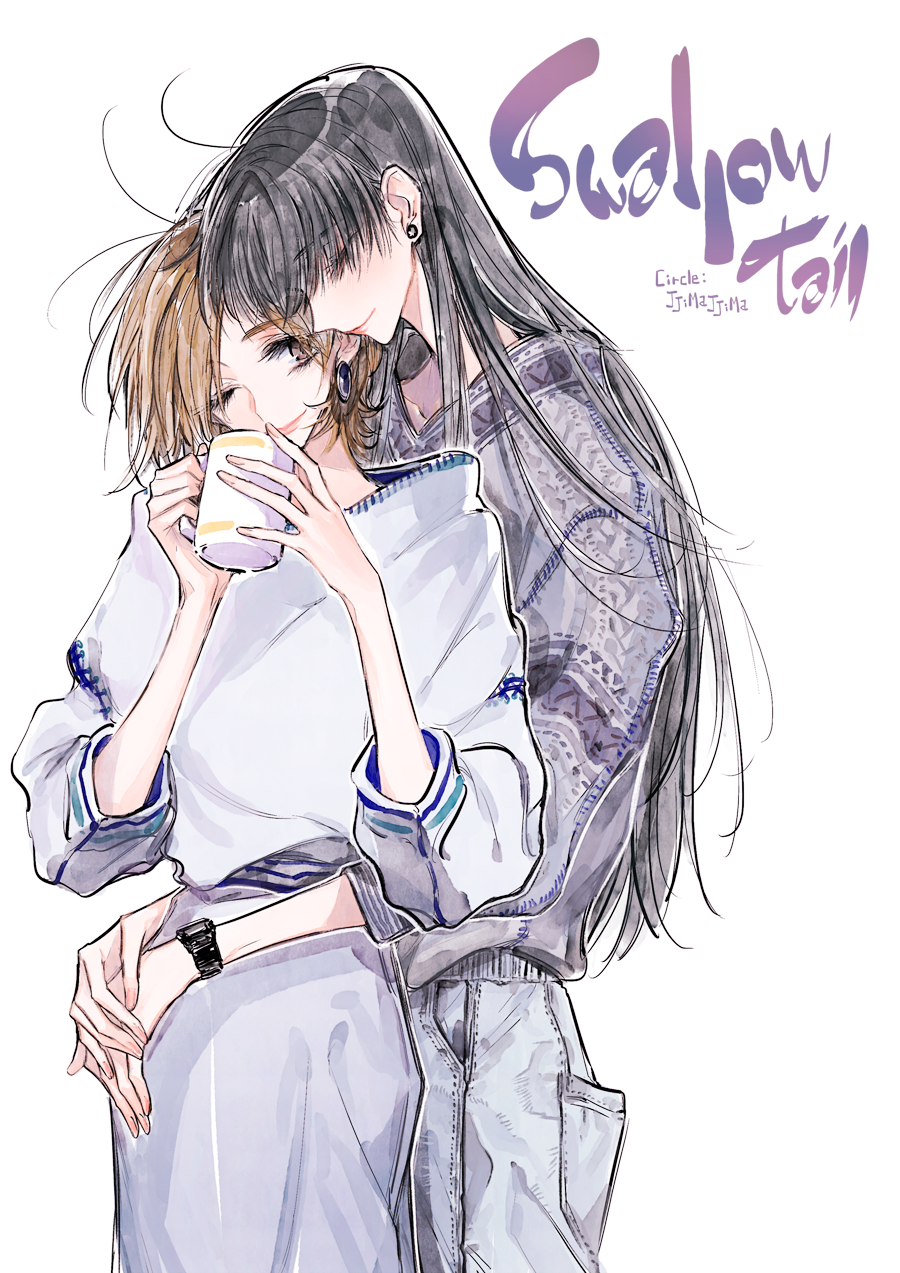 2girls black_hair brown_eyes brown_hair character_request closed_eyes cup denim earrings highres holding holding_cup hug hug_from_behind jewelry long_hair mug multiple_girls one_eye_closed pants shirt short_hair simple_background skirt smile swallow_tail sweater tima watch white_background wristwatch yuri