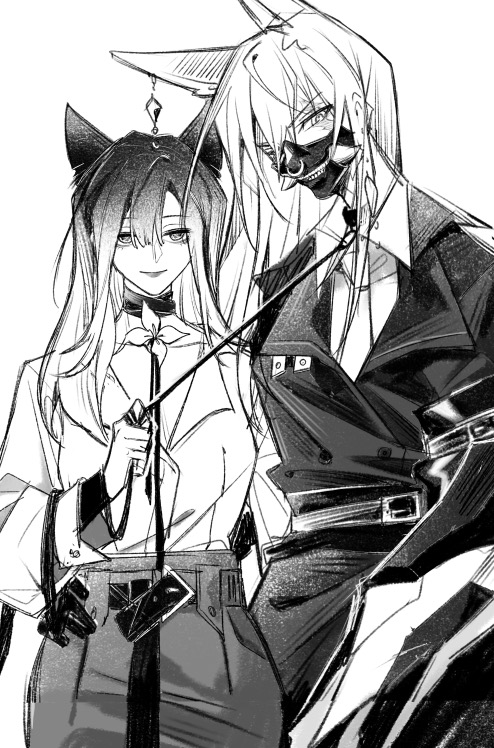 2girls animal_ears arm_around_waist arm_shield black_coat cat_ears cat_girl chinese_commentary coat collarbone collared_shirt commentary dog_ears dog_girl earrings gradient_hair guapihuang833 hair_between_eyes hair_over_one_eye hand_on_another's_hip high-waist_skirt holding holding_leash jewelry leash looking_at_viewer mask monochrome mouth_mask multicolored_hair multiple_girls neck_flower necktie ninja_mask path_to_nowhere rahu_(path_to_nowhere) scar scar_across_eye shalom_(path_to_nowhere) shirt skirt smile