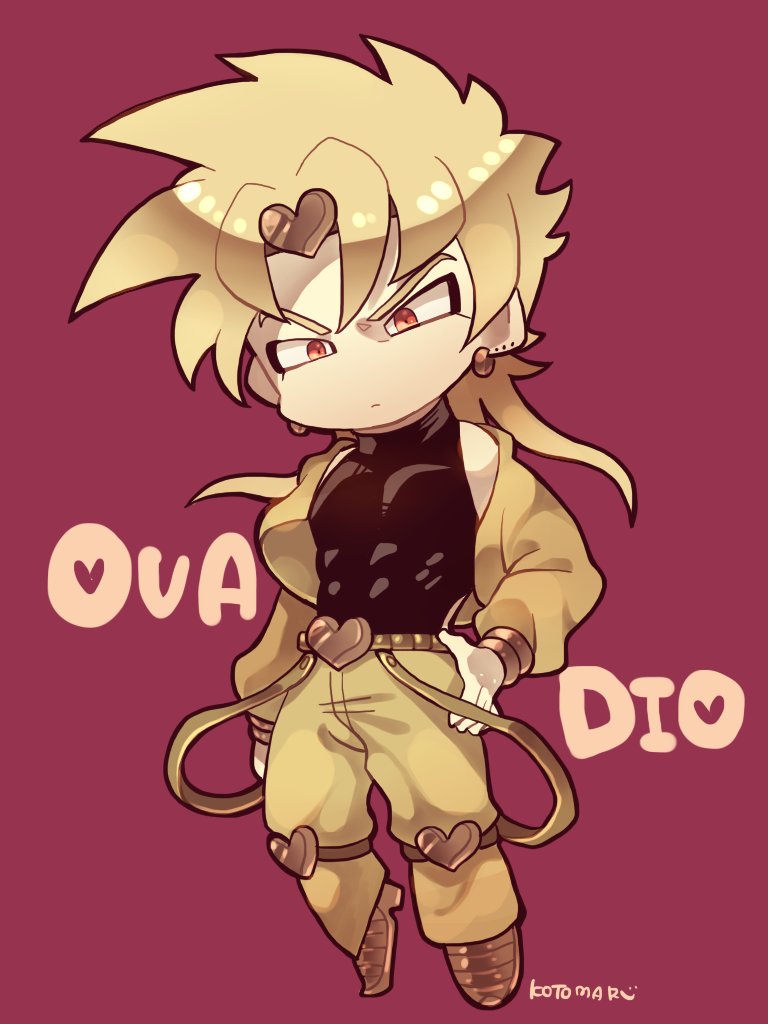 1boy belt black_shirt blonde_hair character_name chibi chibi_only closed_mouth dio_brando earrings hand_on_own_hip heart jacket jewelry jojo_no_kimyou_na_bouken kotorai male_focus no_nose pants pectorals pink_background red_eyes shirt signature solo v-shaped_eyebrows yellow_jacket yellow_pants