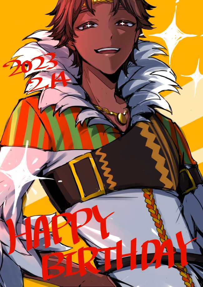 1boy dark-skinned_male dark_skin feather_collar feather_trim fire_emblem fire_emblem_engage fogado_(fire_emblem) gold_circlet happy_birthday male_focus nosuzatta prince star-shaped_pupils star_(symbol) symbol-shaped_pupils very_dark_skin