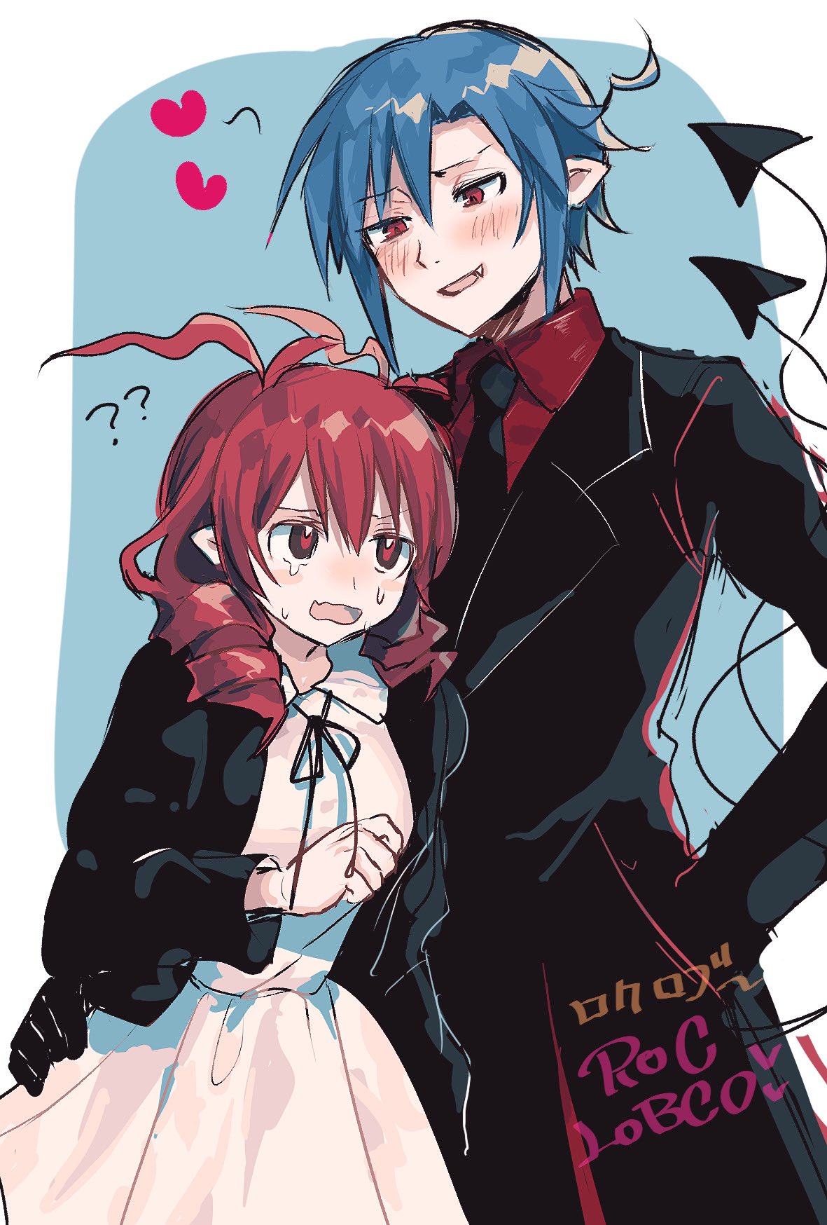 1boy 1girl 243_kou ? ?? antennae black_jacket black_necktie black_ribbon black_suit blue_background blue_hair border character_name demon_tail dress drill_hair fang funamusea hair_intakes hand_in_pocket hand_on_another's_hip heart highres hijoushiki_roc jacket light_blush lobco_(wadanohara) necktie oounabara_to_wadanohara open_mouth red_eyes red_hair red_shirt ribbon shirt skin_fang suit sweat sweatdrop tail tears twin_drills wavy_mouth white_border white_dress