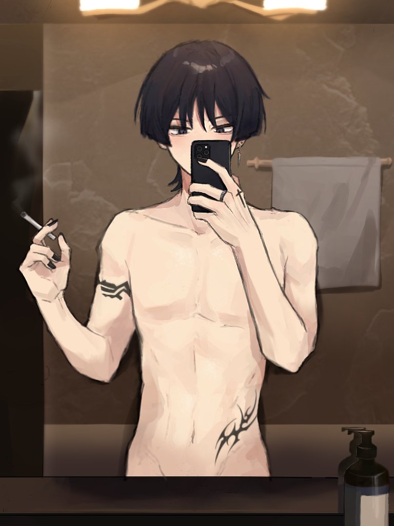 1boy arm_tattoo bathroom black_eyes black_hair black_nails cellphone cigar cigarette completely_nude earrings english_commentary genshin_impact holding holding_cigarette holding_phone indoors jewelry looking_at_mirror male_focus mirror nail_polish navel nude phone scaramouche_(genshin_impact) selfie single_earring smartphone smoke soap_bottle solo stomach_tattoo tattoo yuii_03