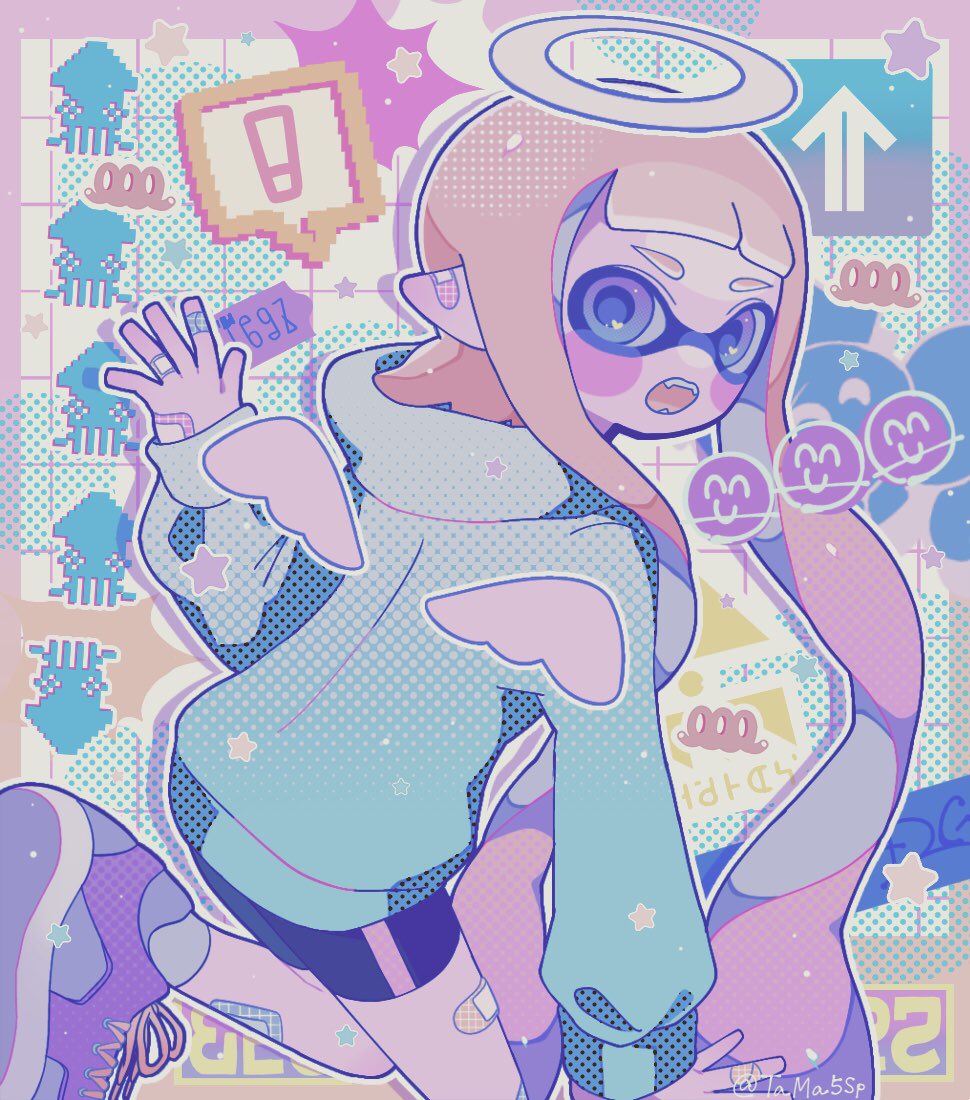 ! 1girl :o back bandaid bandaid_on_arm bandaid_on_ear bandaid_on_leg bike_shorts blonde_hair blue_eyes blue_hoodie blush_stickers commentary drop_shadow fangs foot_out_of_frame gradient_eyes halo hood hoodie inkling inkling_girl inkling_player_character long_hair looking_back multicolored_eyes open_mouth outline pointy_ears purple_eyes shorts solo speech_bubble splatoon_(series) spoken_exclamation_mark standing standing_on_one_leg symbol-only_commentary tama5sp tentacle_hair twintails two-tone_eyes very_long_hair white_halo white_outline white_wings wings