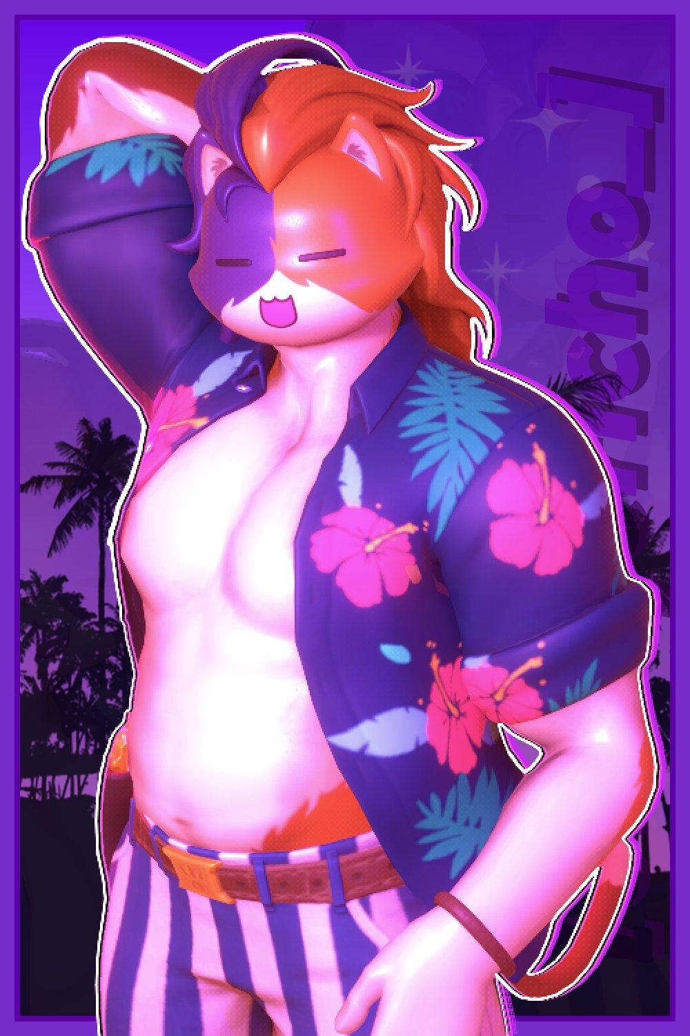 3d_(artwork) :3 anthro belly belt bottomwear bracelet calico_cat clothing digital_media_(artwork) domestic_cat epic_games felid feline felis forest forest_background fortnite fur hair hi_res jacket jewelry long_hair male mammal meowscles moobs multicolored_body multicolored_fur multicolored_hair nature nature_background ohnojericho plant purple_lighting purradise_meowscles shorts solo solo_focus tail topwear tree