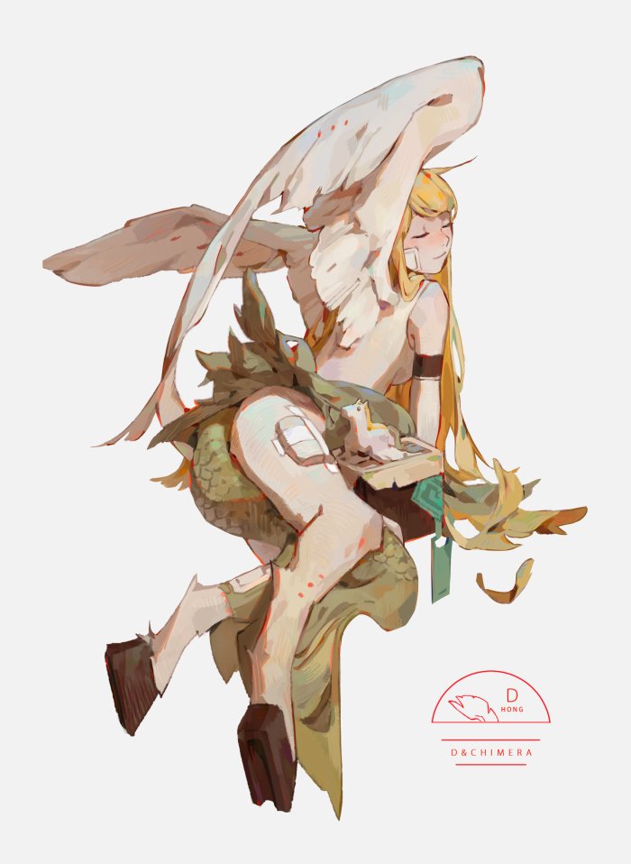 1girl animal_feet armlet artist_name ass bandaid bandaid_on_cheek bandaid_on_face bandaid_on_thigh bare_shoulders bird_wings blonde_hair character_name check_copyright chimera closed_eyes closed_mouth commentary copyright_request feathered_wings feathers fins fish_tail full_body green_scales green_skirt green_tail hong_(hong11117) hooves light_smile long_hair miniskirt monster_girl original shirt simple_background skirt sleeveless sleeveless_shirt solo symbol-only_commentary tail watermark white_background white_shirt white_wings wings