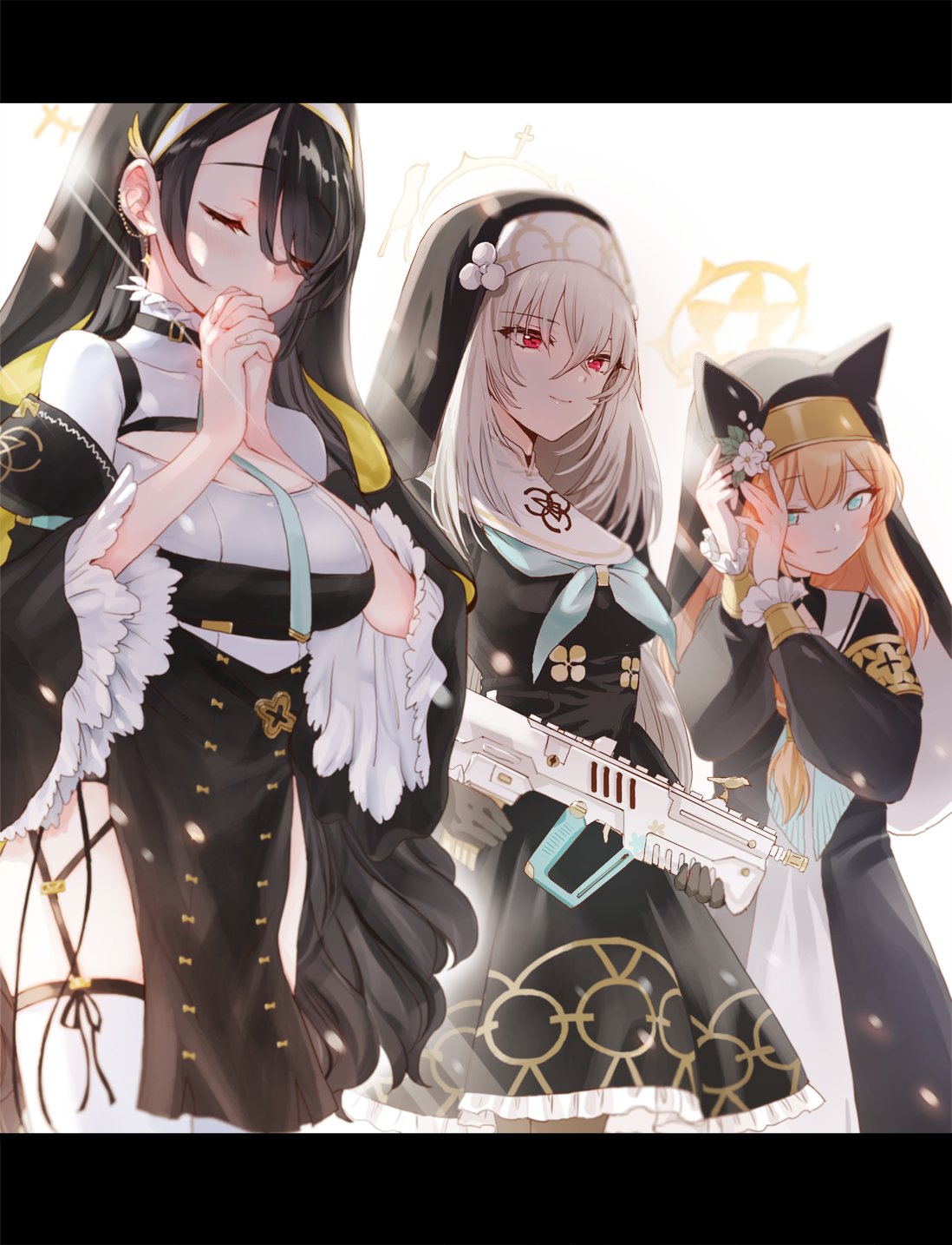 3girls animal_ear_headwear black_gloves black_hair black_headwear blue_archive blue_eyes blue_neckerchief breasts closed_mouth coif flower gloves grey_hair gun habit hair_between_eyes hat hat_flower highres hinata_(blue_archive) holding holding_gun holding_weapon large_breasts long_hair long_sleeves mari_(blue_archive) multiple_girls neckerchief nun orange_hair puffy_long_sleeves puffy_sleeves red_eyes sakurako_(blue_archive) sasa_ayato small_breasts weapon white_flower