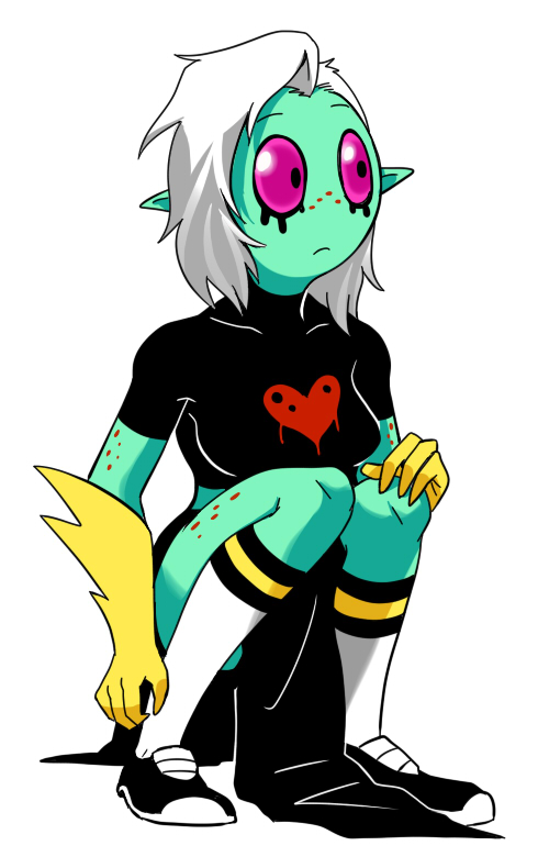 alien alien_humanoid breasts clothed clothing crouching disney eyebrows female fingers footwear freckles gloves green_body green_skin hair hand_on_knee hand_on_leg hand_on_own_knee hand_on_own_leg handwear humanoid humanoid_pointy_ears itimu lord_dominator midriff noseless not_furry pink_sclera shoes simple_background socks solo wander_over_yonder white_background white_hair