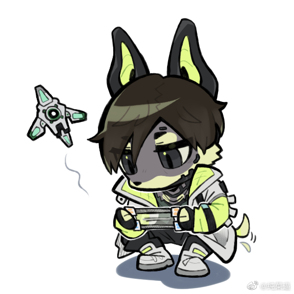 2023 anthro brown_hair canid canine chibi clothing crouching digital_media_(artwork) footwear fur green_body green_fur grey_body grey_fur hair jacket kemono machine male mammal robot shoes simple_background topwear weibo weibo_logo white_background zhang_gun