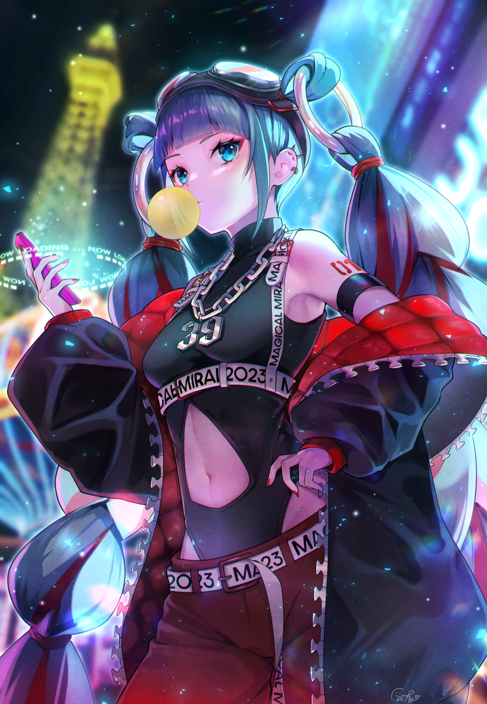 1girl 39 aqua_eyes armband armpits belt black_jacket blunt_bangs blurry blurry_background breasts bubble_blowing cellphone chain chain_necklace chest_belt chewing_gum clothing_cutout commentary depth_of_field ear_piercing earrings goggles goggles_on_head hatsune_miku highres holding holding_phone jacket jacket_partially_removed jewelry kyashii_(a3yu9mi) leotard long_hair looking_at_viewer magical_mirai_(vocaloid) magical_mirai_miku magical_mirai_miku_(2023) medium_breasts navel navel_cutout necklace neon_lights night o-ring outdoors pants phone piercing red_hair red_jacket red_nails red_pants shoulder_tattoo sky smartphone solo standing tattoo tower turtleneck_leotard very_long_hair vocaloid zipper
