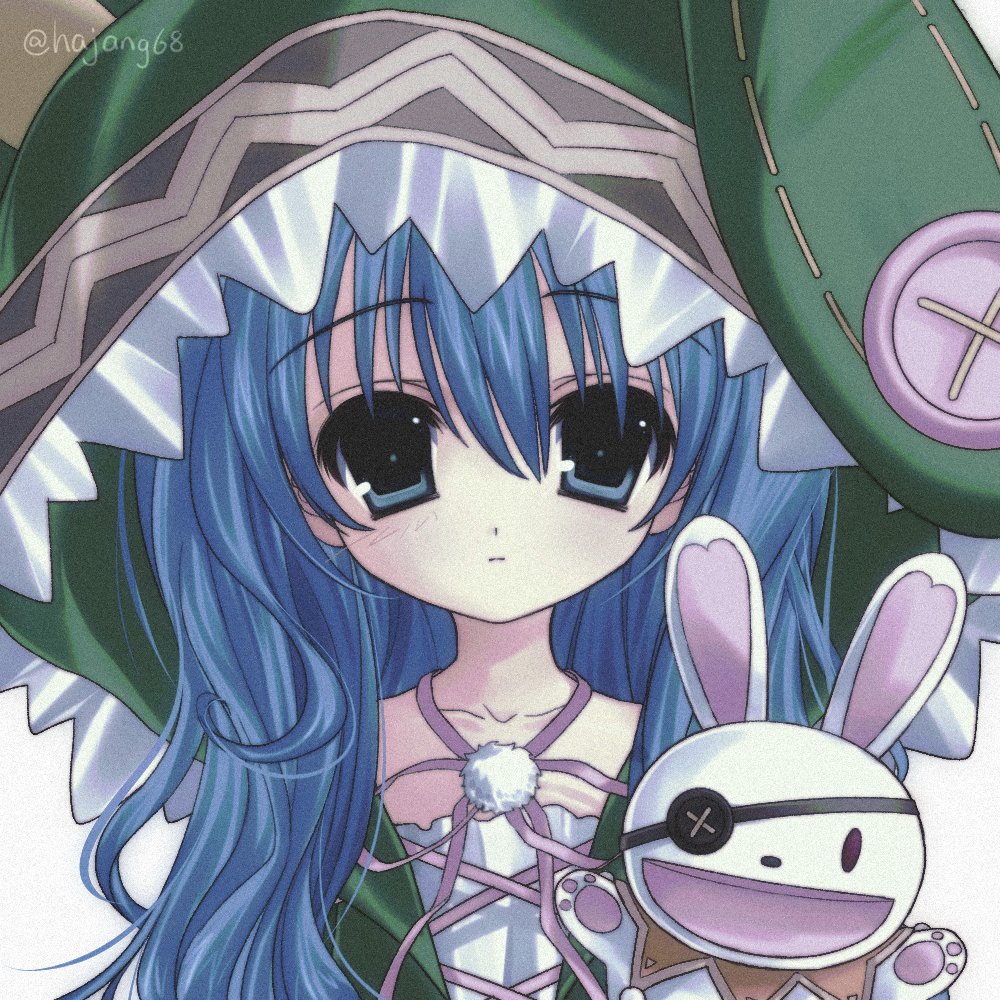 1girl animal_ear_hood blue_eyes blue_hair closed_mouth green_hood hair_between_eyes hajang68 hood long_hair looking_at_viewer neck_ribbon original ribbon solo straight-on stuffed_animal stuffed_rabbit stuffed_toy twitter_username upper_body