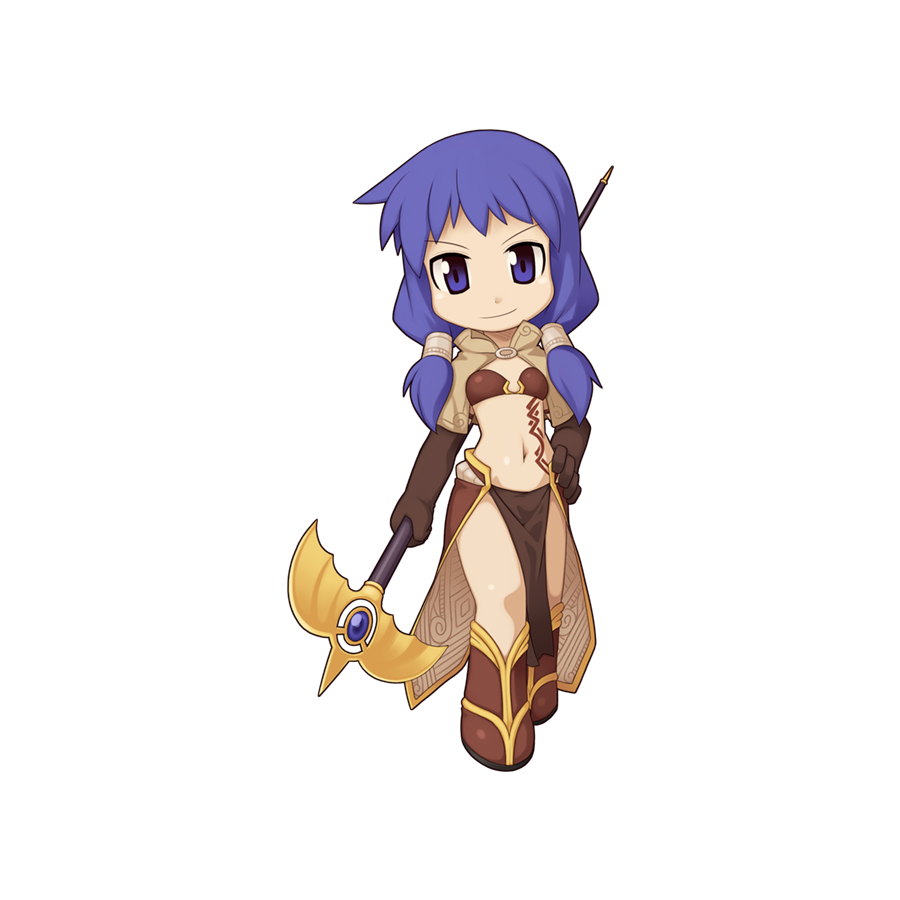 1girl bikini bikini_top_only boots breasts brown_bikini brown_capelet brown_footwear brown_gloves brown_skirt capelet chibi closed_mouth elbow_gloves full_body gloves hair_tubes hand_on_own_hip holding holding_staff long_hair looking_at_viewer mage_(ragnarok_online) midriff navel official_art pelvic_curtain purple_eyes purple_hair ragnarok_online short_bangs showgirl_skirt sidelocks simple_background skirt small_breasts smile solo staff standing stomach_tattoo swimsuit tachi-e tattoo transparent_background yuichirou