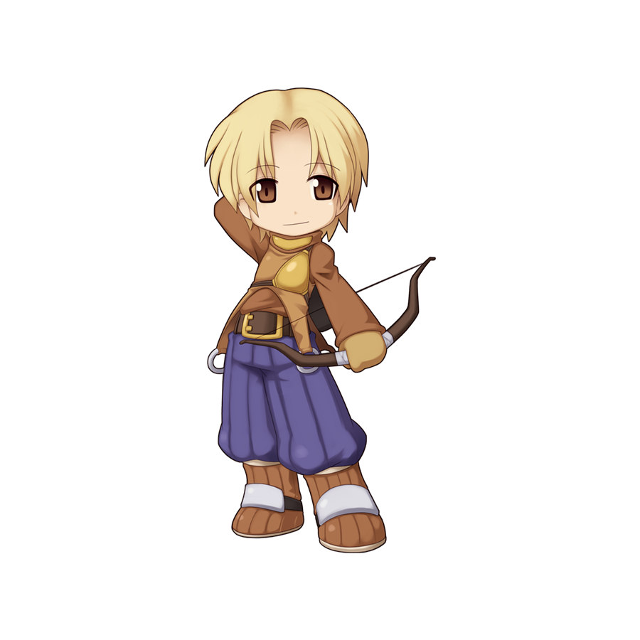 1boy archer_(ragnarok_online) arm_behind_back belt blonde_hair boots bow_(weapon) brown_belt brown_eyes brown_footwear brown_gloves brown_shirt chest_guard chibi closed_mouth full_body gloves holding holding_bow_(weapon) holding_weapon long_sleeves looking_at_viewer male_focus medium_bangs official_art parted_bangs purple_shorts ragnarok_online shirt short_hair shorts simple_background smile solo standing tachi-e transparent_background weapon yuichirou