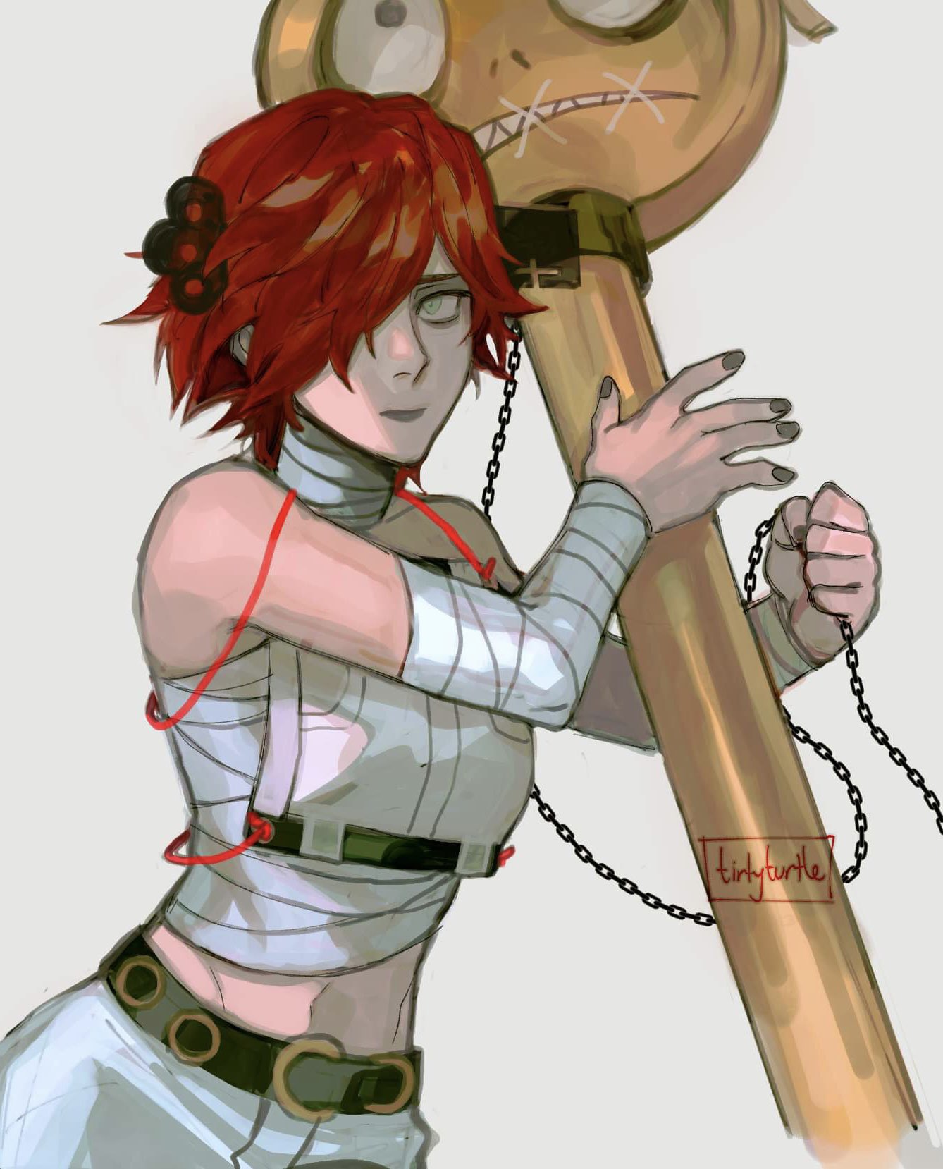 a.b.a bags_under_eyes bandaged_chest bandages chain green_eyes guilty_gear guilty_gear_xx hair_ornament hair_over_one_eye highres key key_in_head looking_at_viewer object_through_head pale_skin paracelsus red_hair short_hair stitched_mouth stitches tirtyturtle