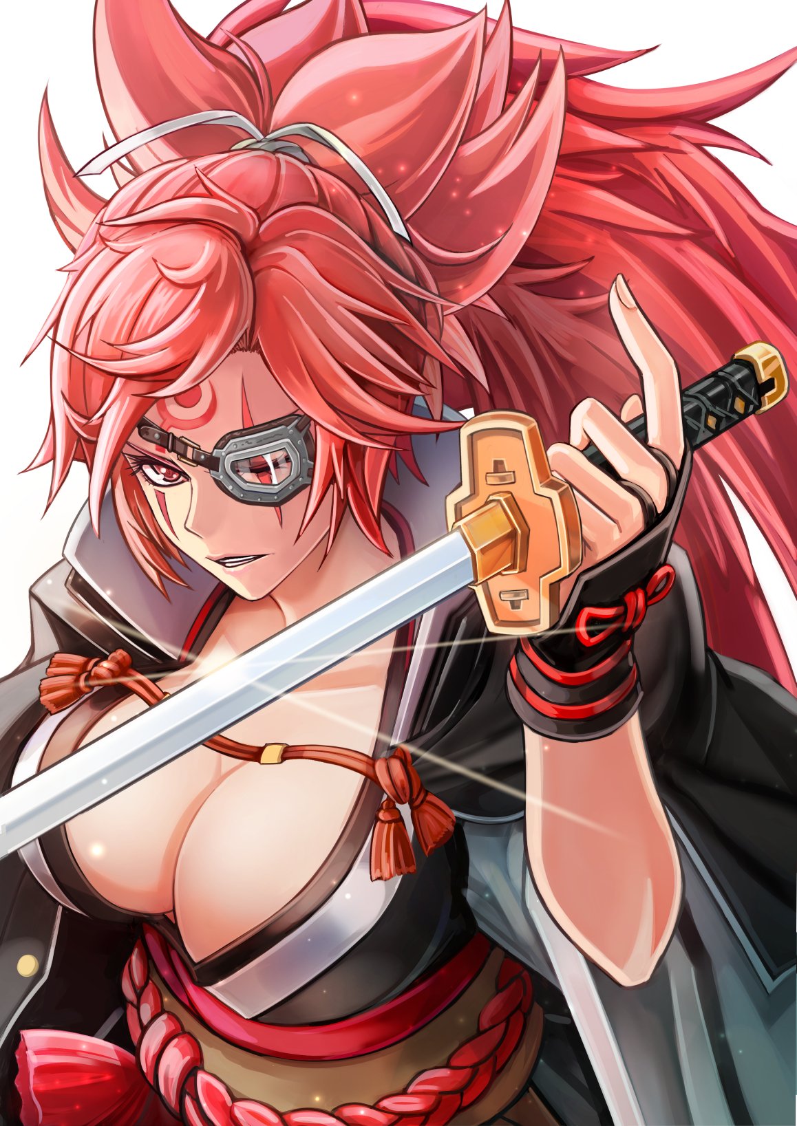 1girl baiken big_hair black_kimono breasts cleavage eyepatch facial_tattoo guilty_gear guilty_gear_strive highres japanese_clothes kakato katana kimono large_breasts long_hair long_sleeves multicolored_clothes multicolored_kimono one-eyed open_clothes open_kimono pink_hair ponytail samurai scar scar_across_eye sword tattoo weapon