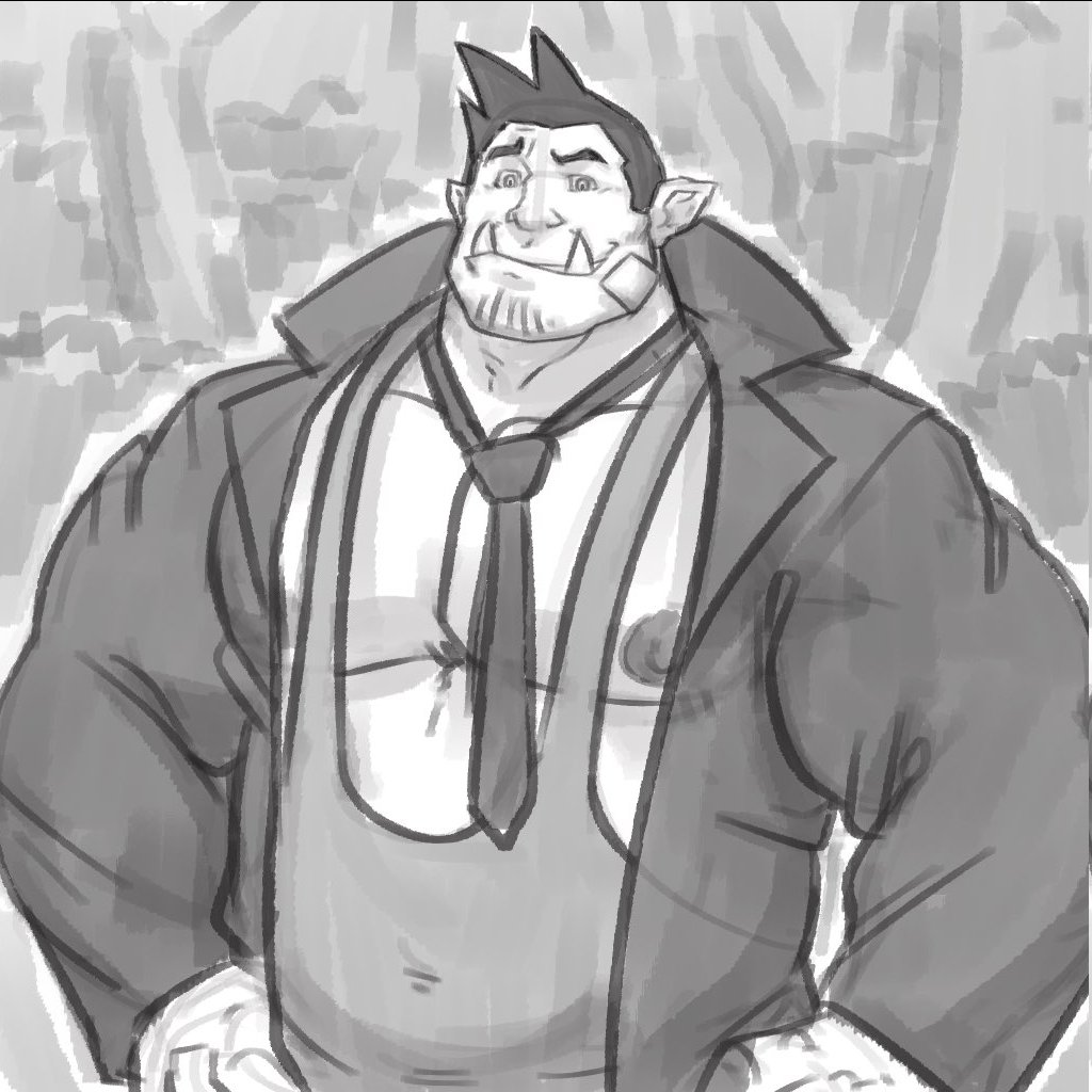 1boy ace_attorney alternate_muscle_size alternate_pectoral_size bandaid bandaid_on_cheek bandaid_on_face bara bare_pectorals belly coat collared_shirt covered_navel dick_gumshoe facial_hair goatee_stubble greyscale grisser_art large_pectorals loose_necktie male_focus mature_male monochrome monster_boy monsterification muscular muscular_male necktie nipples orc pectorals plump pointy_ears shirt short_hair singlet sketch solo stubble tusks upper_body