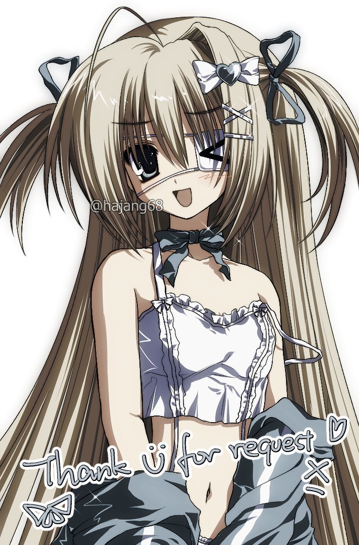 &gt;_o 1girl ahoge bare_shoulders black_eyes blonde_hair breasts camisole choker commission eyepatch frilled_camisole frills grey_jacket grey_ribbon hair_ribbon hajang68 jacket long_hair looking_at_viewer medical_eyepatch midriff navel off_shoulder one_eye_closed one_eye_covered open_mouth original ribbon ribbon_choker simple_background single_hair_intake small_breasts smile solo straight_hair strap_slip twitter_username two_side_up underwear upper_body very_long_hair watermark white_background white_camisole