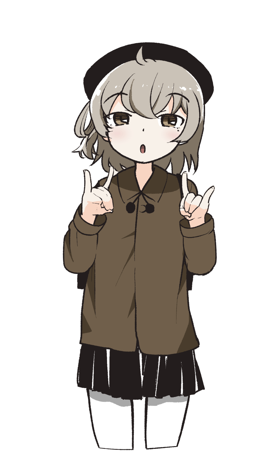 1girl :o ahoge beret black_headwear black_skirt blush brown_eyes brown_jacket collared_jacket cropped_legs double_fox_shadow_puppet fox_shadow_puppet grey_hair half-closed_eyes hands_up hat hatoba_tsugu highres jacket long_sleeves looking_at_viewer mole mole_under_eye olo366 pantyhose pleated_skirt raised_eyebrows simple_background single_hair_ring skirt solo standing tsugu_(vtuber) white_background white_pantyhose