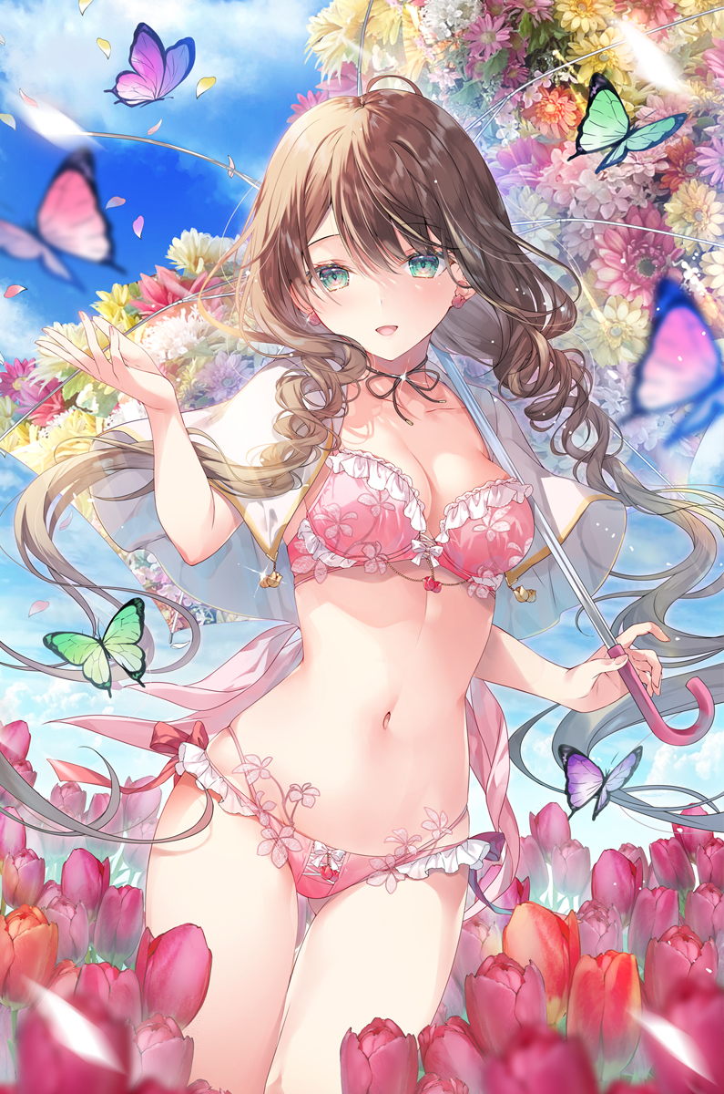 1girl ass_visible_through_thighs black_choker blurry bra breasts brown_hair bug butterfly capelet choker cleavage commentary_request cowboy_shot depth_of_field earrings floating_hair flower gold_trim green_eyes hand_up highres holding holding_umbrella jewelry lingerie long_hair looking_at_viewer medium_breasts miwabe_sakura multi-strapped_panties navel open_mouth original panties pink_bra pink_panties ribbon_choker skindentation smile solo standing stomach string_panties thighs transparent transparent_umbrella tulip twisted_hair umbrella underwear underwear_only very_long_hair
