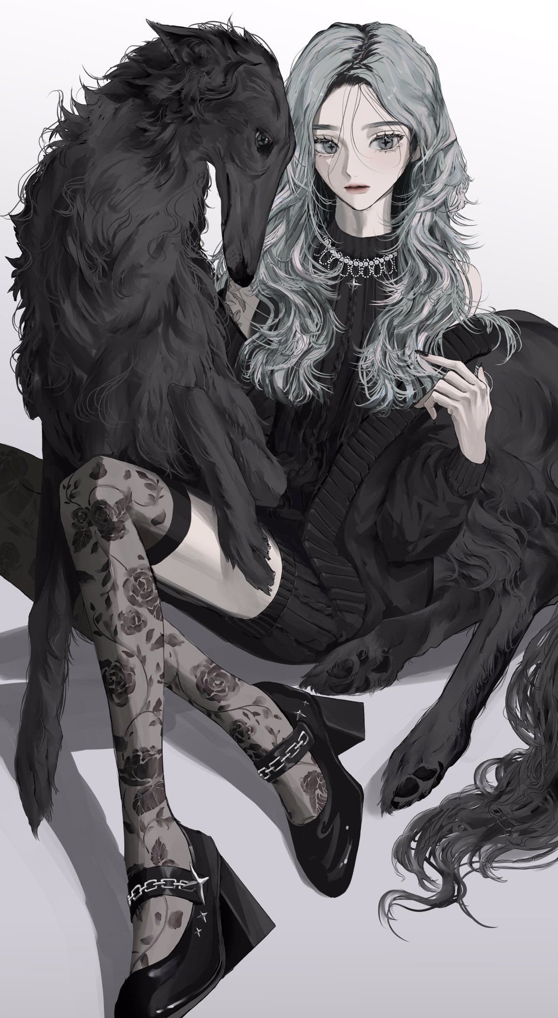 1girl animal bare_shoulders black_dog black_dress black_footwear black_jacket black_nails black_thighhighs borzoi cable_knit closed_mouth dress floral_print full_body grey_eyes grey_hair high_heels highres jacket jewelry kirochy knit_dress long_hair long_sleeves looking_at_viewer necklace off_shoulder open_clothes open_jacket original over-kneehighs pet print_thighhighs see-through see-through_legwear shoes short_dress simple_background sitting sleeveless sleeveless_dress solo star-shaped_pupils star_(symbol) symbol-shaped_pupils thighhighs wavy_hair white_background