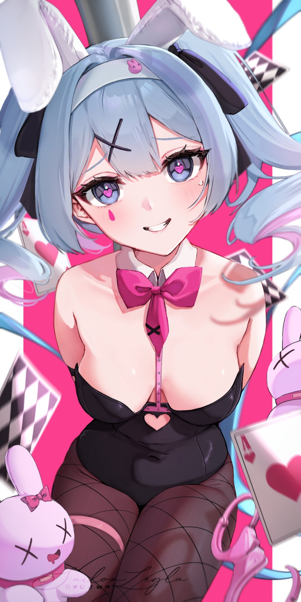 1girl :d animal_ears armpit_crease arms_behind_back bare_shoulders black_leotard black_pantyhose blue_eyes blue_hair blush bow bowtie breasts card clothing_cutout cowboy_shot detached_collar fake_animal_ears fishnet_pantyhose fishnets grin hair_intakes hair_ornament hatsune_miku heart heart-shaped_pupils heart_cutout highleg highleg_leotard highres large_breasts legs_together leotard long_hair looking_at_viewer multicolored_hair open_mouth pantyhose pillarboxed pink_background pink_bow pink_bowtie pink_hair playboy_bunny playing_card pole rabbit_ears rabbit_hole_(vocaloid) sailorleyla simple_background smile solo stomach_cutout stripper_pole stuffed_animal stuffed_rabbit stuffed_toy symbol-shaped_pupils teardrop_facial_mark teeth thighs twintails two-tone_hair vocaloid x_hair_ornament