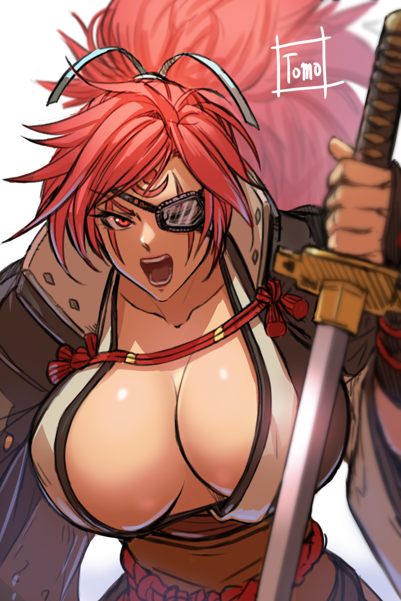 1girl baiken big_hair black_kimono breasts cleavage eyepatch facial_tattoo guilty_gear guilty_gear_strive highres japanese_clothes katana kimono large_breasts long_hair long_sleeves multicolored_clothes multicolored_kimono one-eyed open_clothes open_kimono pink_hair ponytail red_eyes samurai scar scar_across_eye sword tattoo tomo_eokaiteru weapon