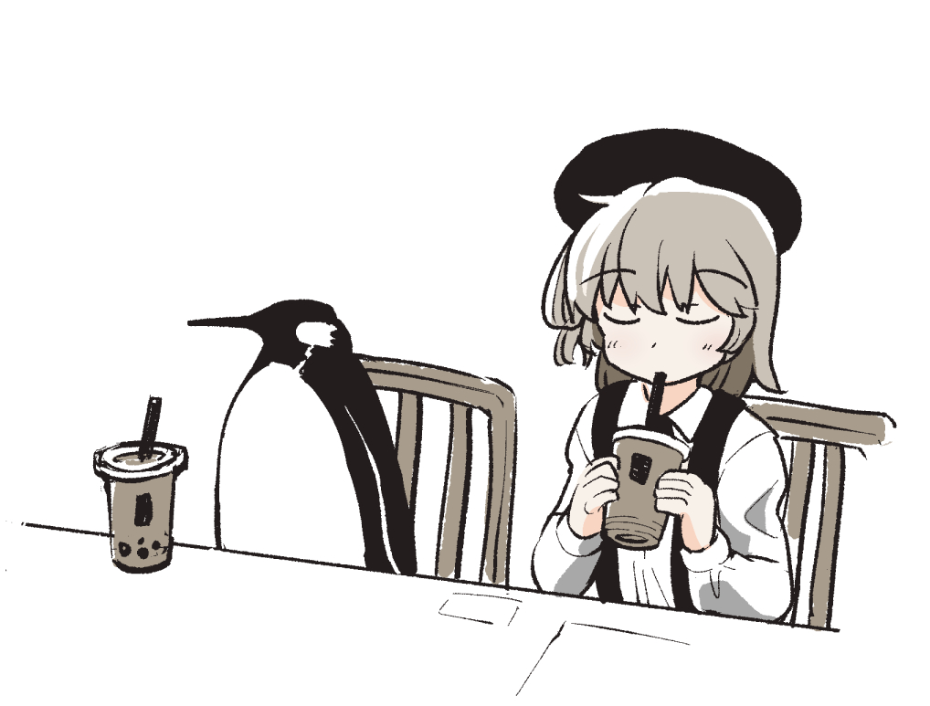1girl beret bird black_headwear brown_hair bubble_tea closed_eyes collared_shirt cup drinking drinking_straw drinking_straw_in_mouth facing_viewer hands_up hat hatoba_tsugu holding holding_cup long_sleeves medium_hair olo366 on_chair penguin shirt side-by-side simple_background sitting solo suspenders table tsugu_(vtuber) upper_body virtual_youtuber white_background white_shirt