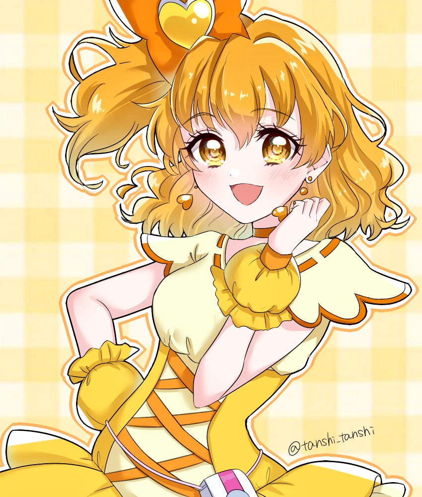 1girl blonde_hair bow breasts checkered_background choker cure_pine dress earrings fresh_precure! hair_ornament heart heart_earrings heart_hair_ornament jewelry magical_girl medium_breasts open_mouth orange_choker precure short_hair skirt smile solo tanshi_tanshi twitter_username upper_body wrist_cuffs yamabuki_inori yellow_background yellow_eyes