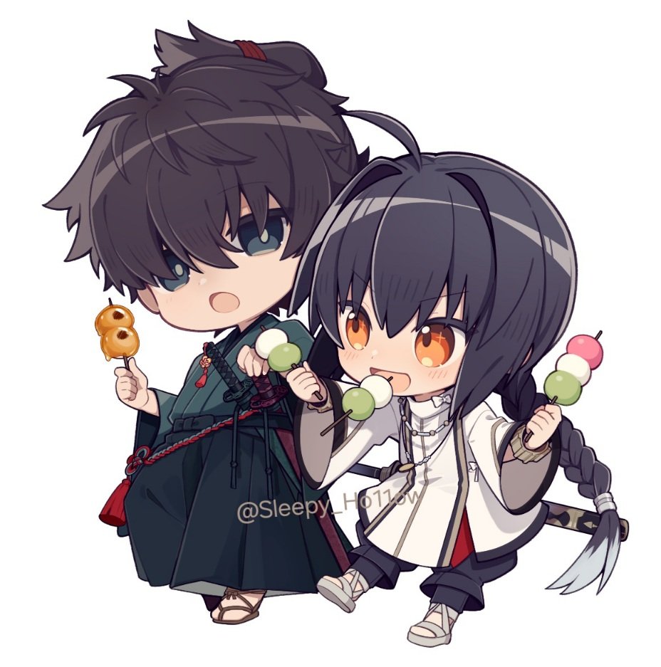 1boy 1other ahoge androgynous black_hair black_hakama blue_kimono bracelet braid braided_ponytail chibi chuuko_anpu dango dual_wielding eating fate/samurai_remnant fate_(series) food grey_eyes hair_intakes hakama holding japanese_clothes jewelry katana kimono long_hair mitarashi_dango miyamoto_iori_(fate) necklace orange_eyes sandals sanshoku_dango sheath sheathed sidelocks simple_background single_braid sword sword_on_back topknot twitter_username wagashi waraji watermark weapon weapon_on_back white_background white_footwear yamato_takeru_(fate)