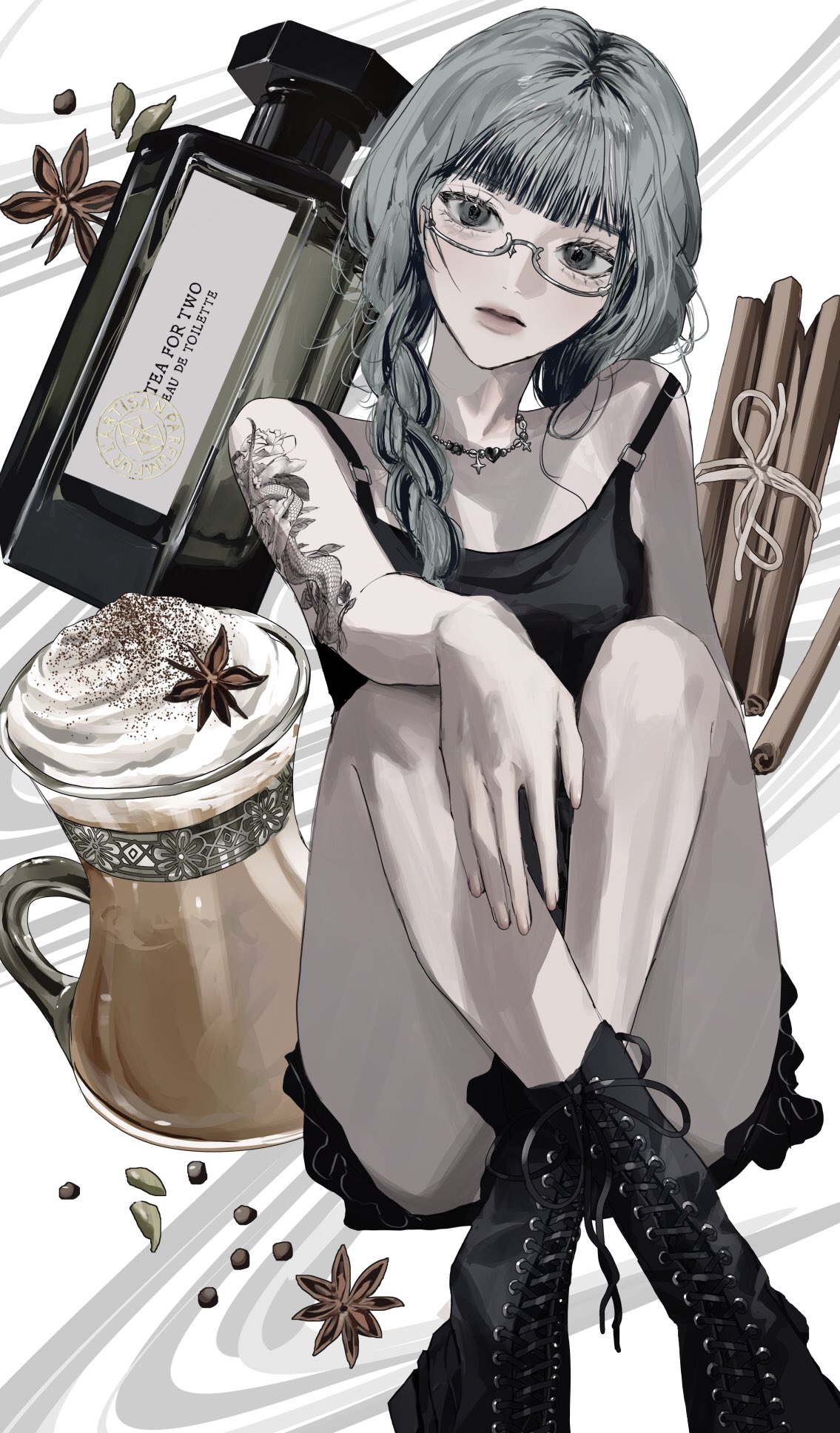 1girl arm_tattoo bare_shoulders black_footwear black_shirt black_skirt blunt_bangs boots bottle braid cinnamon_stick cross-laced_footwear crossed_legs cup feet_out_of_frame glass_teacup glasses grey_eyes grey_hair hair_over_shoulder head_tilt highres jewelry kirochy l'artisan_parfumeur lace-up_boots long_hair looking_at_viewer miniskirt necklace original parted_lips perfume_bottle semi-rimless_eyewear shirt shoelaces sitting skirt sleeveless sleeveless_shirt snake_tattoo solo spaghetti_strap star_anise_(spice) strap_slip tattoo tea teacup twin_braids under-rim_eyewear