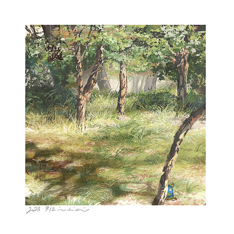 bush dappled_sunlight day forest grass mimoth nature original painting_(medium) plant scenery shadow sunlight tall_grass traditional_media tree tree_shade weeds