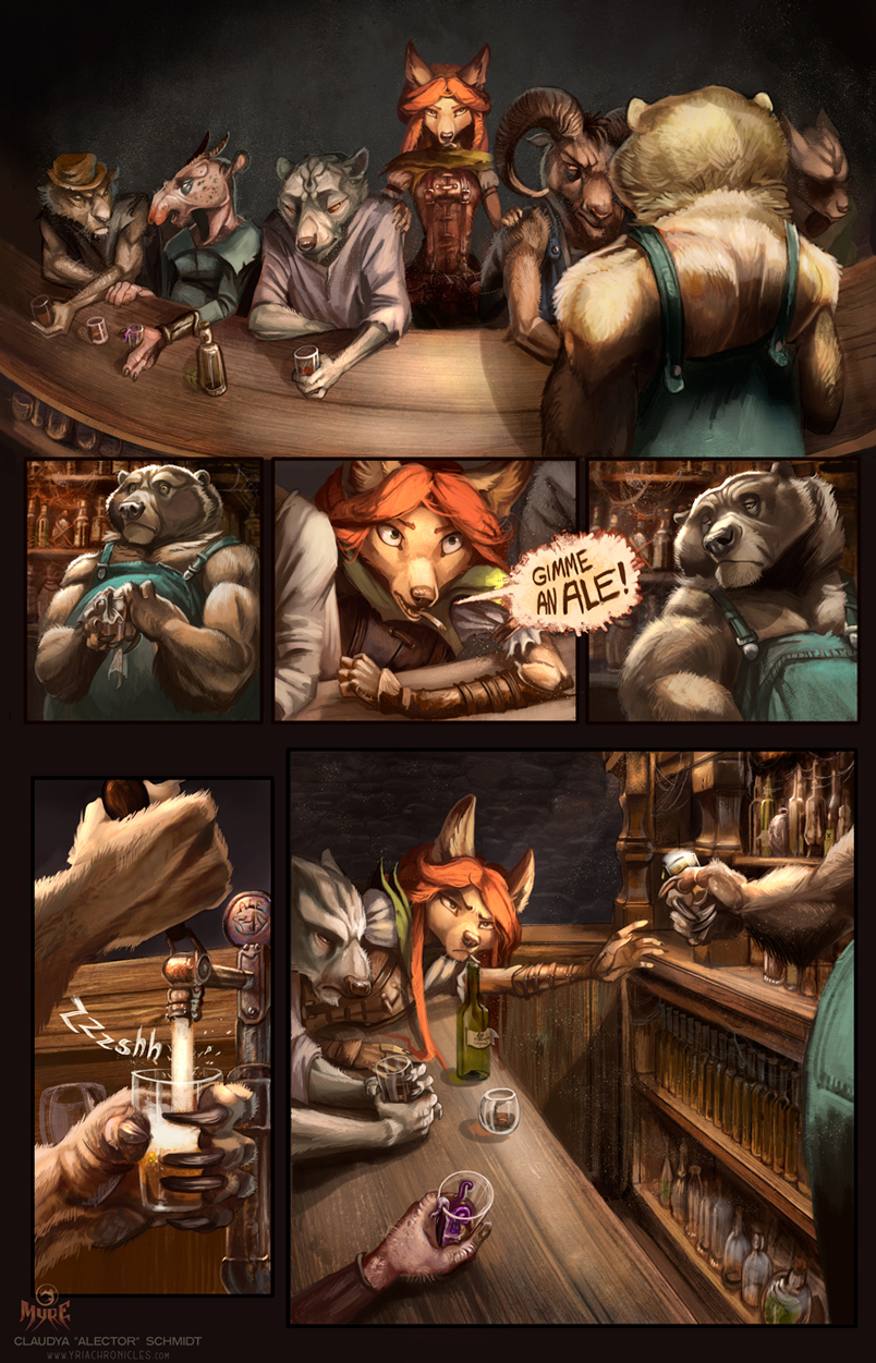 alcohol alectorfencer anthro bear beer beverage bottle canid canine cigarette clothing container counter cup felid feline female feral glass glass_container glass_cup group hair hi_res male mammal mutton myre overalls rag red_hair sitting tavern worm