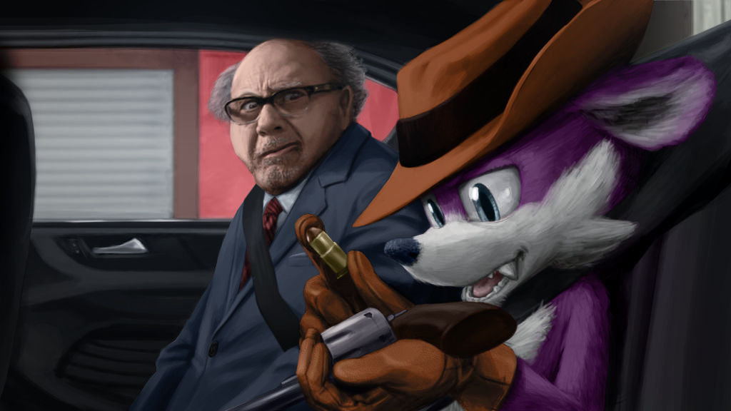 anthro bullet clothing cowboy cowboy_hat danny_devito detailed_background dipodid duo fang_the_hunter fur gun handgun hat headgear headwear human jerboa joeadok male male/male mammal purple_body purple_fur ranged_weapon realistic revolver rodent sega solo sonic_the_hedgehog_(series) weapon