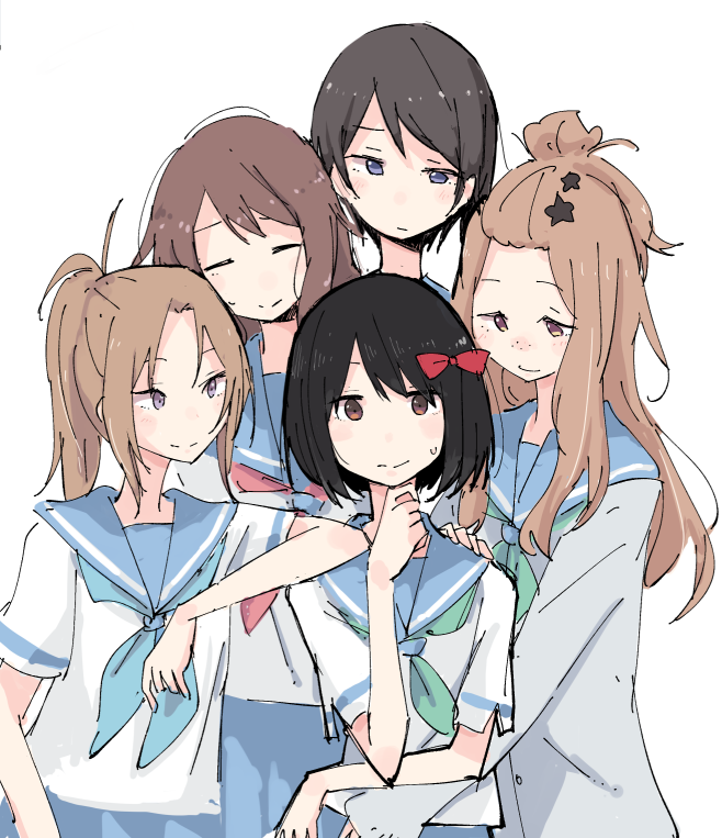 5girls alternate_hairstyle arm_on_shoulder arm_rest black_hair blue_neckerchief blue_sailor_collar blue_skirt blush bow brown_eyes brown_hair cardigan character_request closed_eyes closed_mouth green_neckerchief grey_sweater hair_bow hair_ornament hand_on_another's_shoulder hand_on_own_chin hand_up hibike!_euphonium hisaishi_kanade hug hug_from_behind kasaki_nozomi kenzaki_ririka kitauji_high_school_uniform liz_to_aoi_tori long_hair long_sleeves looking_at_another multiple_girls nakagawa_natsuki neckerchief pleated_skirt ponytail purple_eyes red_bow sailor_collar school_uniform serafuku shiroshi_(denpa_eshidan) shirt short_hair short_sleeves simple_background skirt sleeves_past_wrists smile star_(symbol) star_hair_ornament sweater white_background white_shirt yoroizuka_mizore