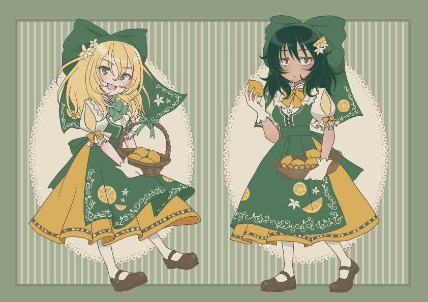 2girls alternate_costume andou_(girls_und_panzer) apron basket black_footwear black_hair blonde_hair blue_eyes bow bowtie brown_eyes closed_mouth dark-skinned_female dark_skin doily flower food frilled_sleeves frills fruit girls_und_panzer gloves green_apron green_bow green_bowtie hair_bow hair_flower hair_ornament high_collar holding holding_basket holding_food holding_fruit large_bow lemon light_frown long_skirt looking_at_viewer mary_janes matching_outfits medium_hair messy_hair multiple_girls open_mouth oshida_(girls_und_panzer) pantyhose puffy_short_sleeves puffy_sleeves salt-apple shirt shoes short_sleeves skirt smile standing standing_on_one_leg white_gloves white_pantyhose white_shirt yellow_bow yellow_bowtie yellow_skirt