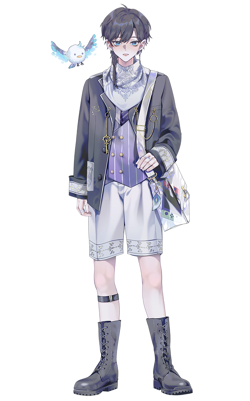 1boy anonymous_(nijisanji) bag black_hair black_jacket blue_eyes boots braid charm_(object) chinese_commentary ear_piercing earrings feathers full_body grey_footwear handheld_game_console highres jacket jewelry key looking_at_viewer male_focus multiple_rings nijisanji nintendo_switch official_art paisley piercing purple_shirt ring see-through shirt shorts single_braid single_earring solo standing star_(symbol) striped_clothes tachi-e teeth vertical-striped_clothes virtual_youtuber virtuareal white_shorts yog_(virtuareal)