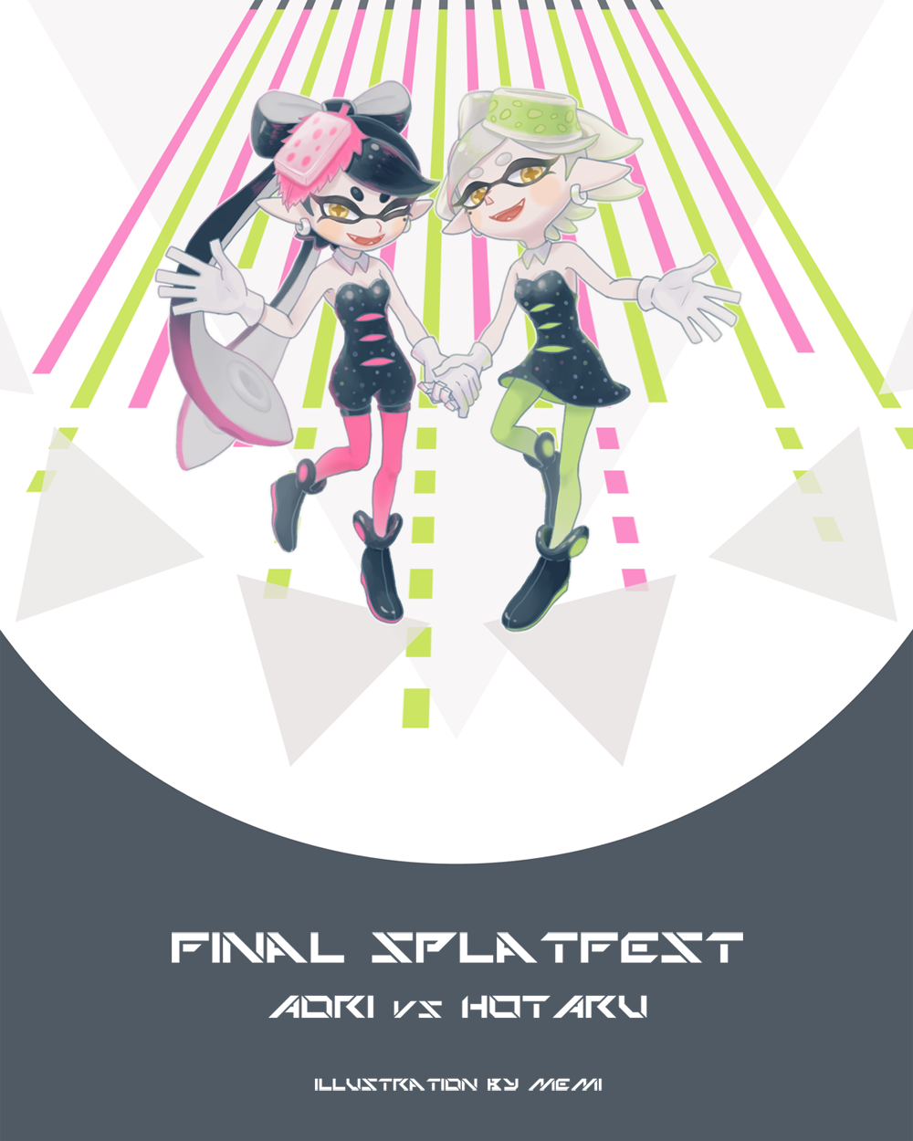 2girls bare_shoulders black_dress black_footwear black_hair callie_(splatoon) cross-shaped_pupils detached_collar dress earrings full_body gloves green_pantyhose grey_hair highres holding_hands jewelry marie_(splatoon) memi_(gamemix) mole mole_under_eye multiple_girls open_mouth pantyhose pink_pantyhose pointy_ears shoes signature splatoon_(series) splatoon_1 symbol-shaped_pupils tentacle_hair thick_eyebrows white_gloves yellow_eyes