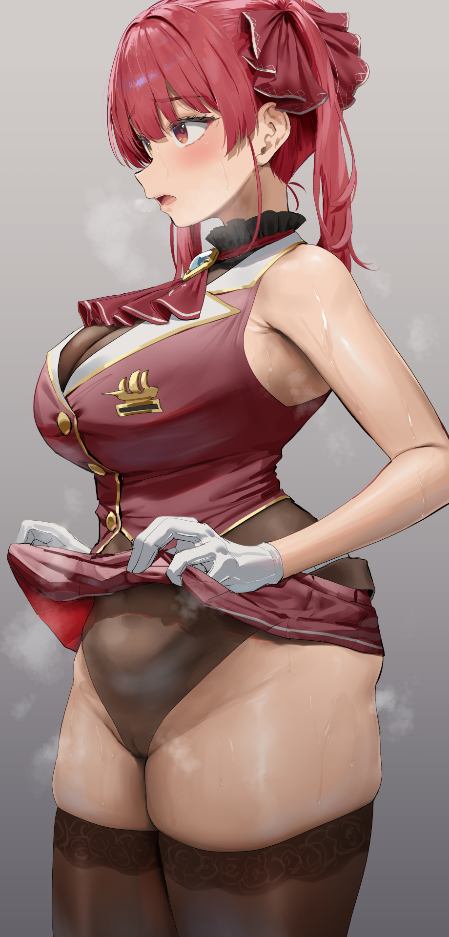 1girl ascot bare_shoulders black_thighhighs breasts brown_leotard cameltoe clothes_lift commentary_request cropped_jacket from_side gloves grey_background hair_ribbon heterochromia highleg highleg_leotard highres hololive houshou_marine houshou_marine_(1st_costume) jacket large_breasts leotard leotard_under_clothes lifted_by_self long_hair looking_ahead no_eyepatch oekakizuki open_mouth red_ascot red_eyes red_hair red_jacket red_ribbon red_skirt ribbon skirt skirt_lift sleeveless sleeveless_jacket solo steaming_body sweat thick_thighs thighhighs thighs twintails virtual_youtuber white_gloves yellow_eyes