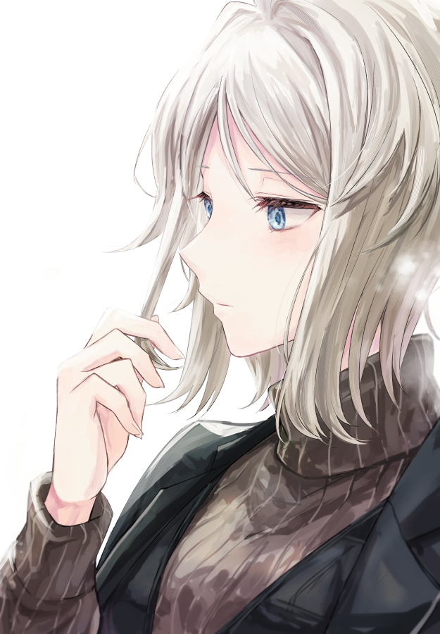 1girl black_vest blue_eyes brown_sweater closed_mouth faust_(project_moon) hand_up limbus_company long_sleeves looking_to_the_side medium_hair project_moon ribbed_sweater simple_background solo sweater turtleneck turtleneck_sweater vest white_background white_hair york0pm