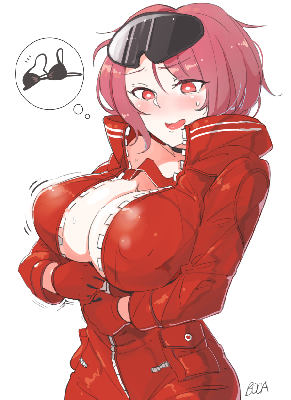 1girl alternate_hair_color artist_name black_bra black_choker blush boca bouncing_breasts bra breasts center_opening choker cleavage collarbone covered_nipples eyewear_on_head girls'_frontline gloves jacket large_breasts no_bra open_mouth pink_hair pm-06_(girls'_frontline) red_eyes red_gloves red_jacket short_hair simple_background solo spoken_clothes standing sweat tongue underwear white_background zipper zipper_pull_tab zipping