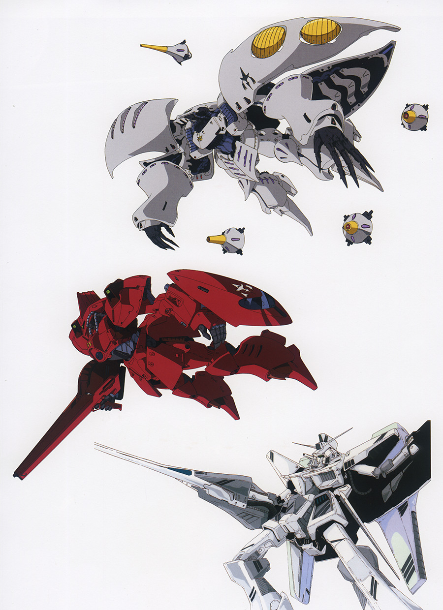 1980s_(style) beam_rifle concept_art energy_gun funnels_(gundam) galbaldy_beta gundam highres machinery mecha mobile_suit nagano_mamoru neo_zeon no_humans official_art production_art qubeley retro_artstyle robot scan science_fiction shield traditional_media weapon white_background zeta_gundam