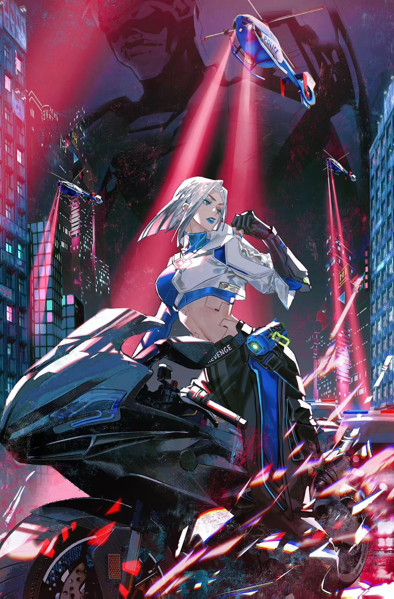 1girl aircraft black_gloves black_pants blue_eyes blue_eyeshadow blue_jacket blue_lips blue_nails car chinese_commentary city cropped_jacket eyeshadow floating_hair gloves glowing grey_hair hair_behind_ear hela_(high_energy_heroes) helicopter high_energy_heroes highres jacket makeup motor_vehicle motorcycle pants parted_lips partially_fingerless_gloves police police_car simian_chuge solo_focus white_jacket