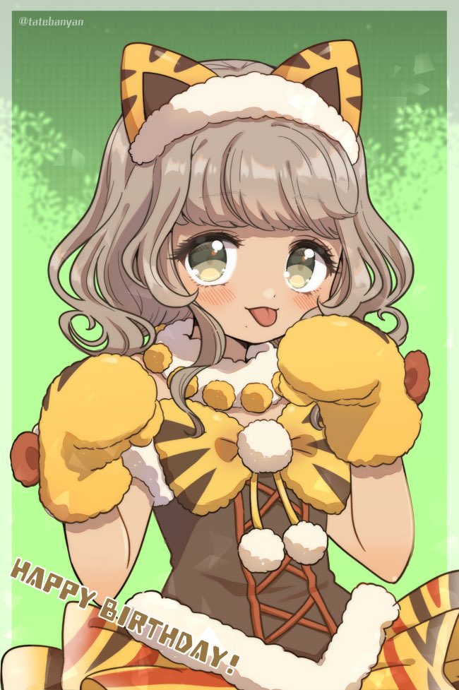 1girl :p animal_ear_hairband animal_ears animal_hands animal_print bow brown_hair cat_ear_hairband cat_ears commentary_request dark-skinned_female dark_skin dress fake_animal_ears fur-trimmed_dress fur_collar fur_trim gloves green_background hairband hands_up happy_birthday idol_clothes looking_at_viewer mole mole_under_mouth paw_gloves pretty_series pripara short_hair smile solo standing tabana taiyo_pepper tongue tongue_out twitter_username yellow_bow yellow_gloves