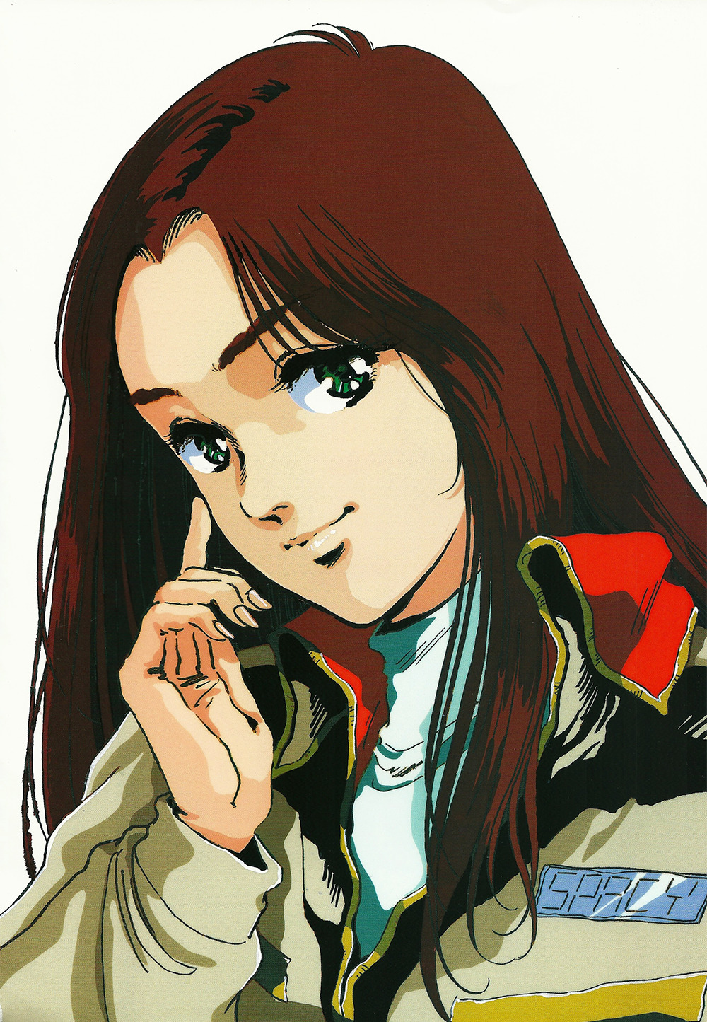 1980s_(style) 1girl christina_mackenzie earth_federation green_eyes gundam gundam_0080 head_tilt highres long_hair looking_at_viewer mikimoto_haruhiko military military_uniform official_art production_art promotional_art red_hair retro_artstyle scan science_fiction traditional_media uniform