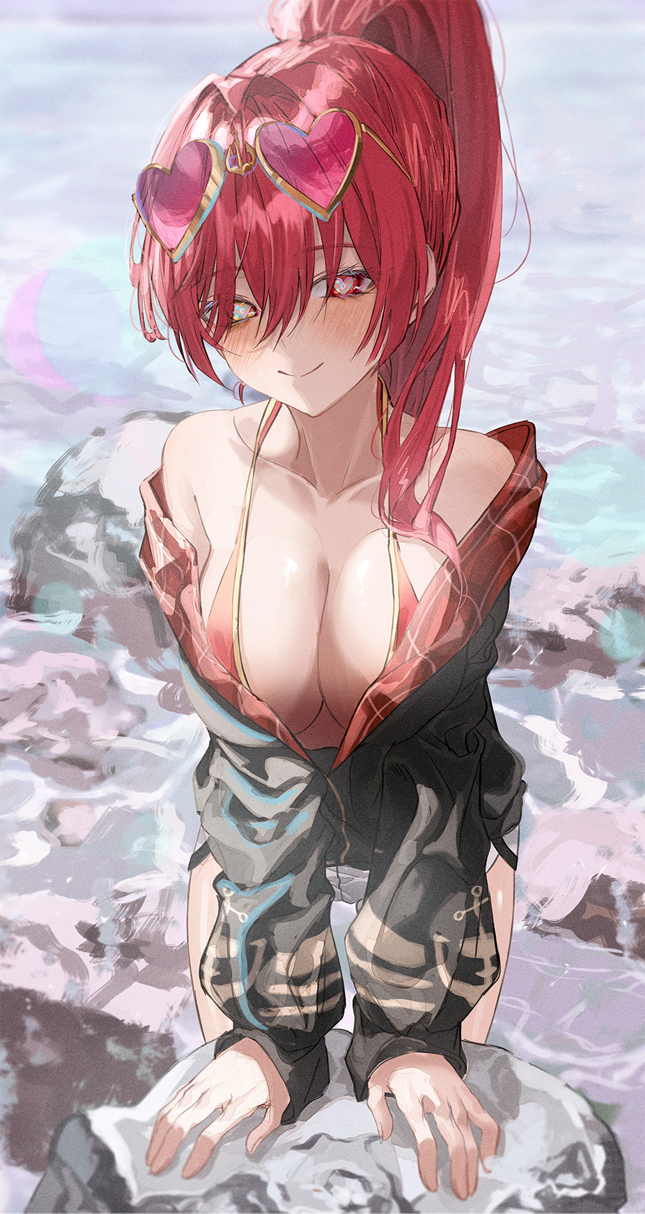 1girl bikini bikini_under_clothes black_jacket blush breasts cleavage dolphin_shorts eyewear_on_head gold_trim grey_shorts heart heart-shaped_eyewear heart-shaped_pupils heterochromia highres hololive houshou_marine houshou_marine_(summer) jacket kangshi large_breasts long_hair looking_at_viewer official_alternate_costume ponytail red_bikini red_eyes red_hair shorts smile solo sunglasses swimsuit symbol-shaped_pupils virtual_youtuber yellow_eyes